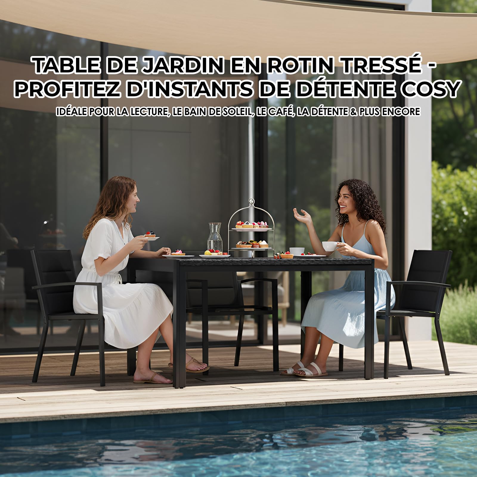 LIFERUN Table de Jardin 6 Personnes Rectangulaire en PE Rattan, 119 x 74 cm | Table en Métal pour Salle et Balcon, Résistante aux Intempéries, Plateau Spacieux, pour Terrasse, Extérieur/Intérieur (Noir)
