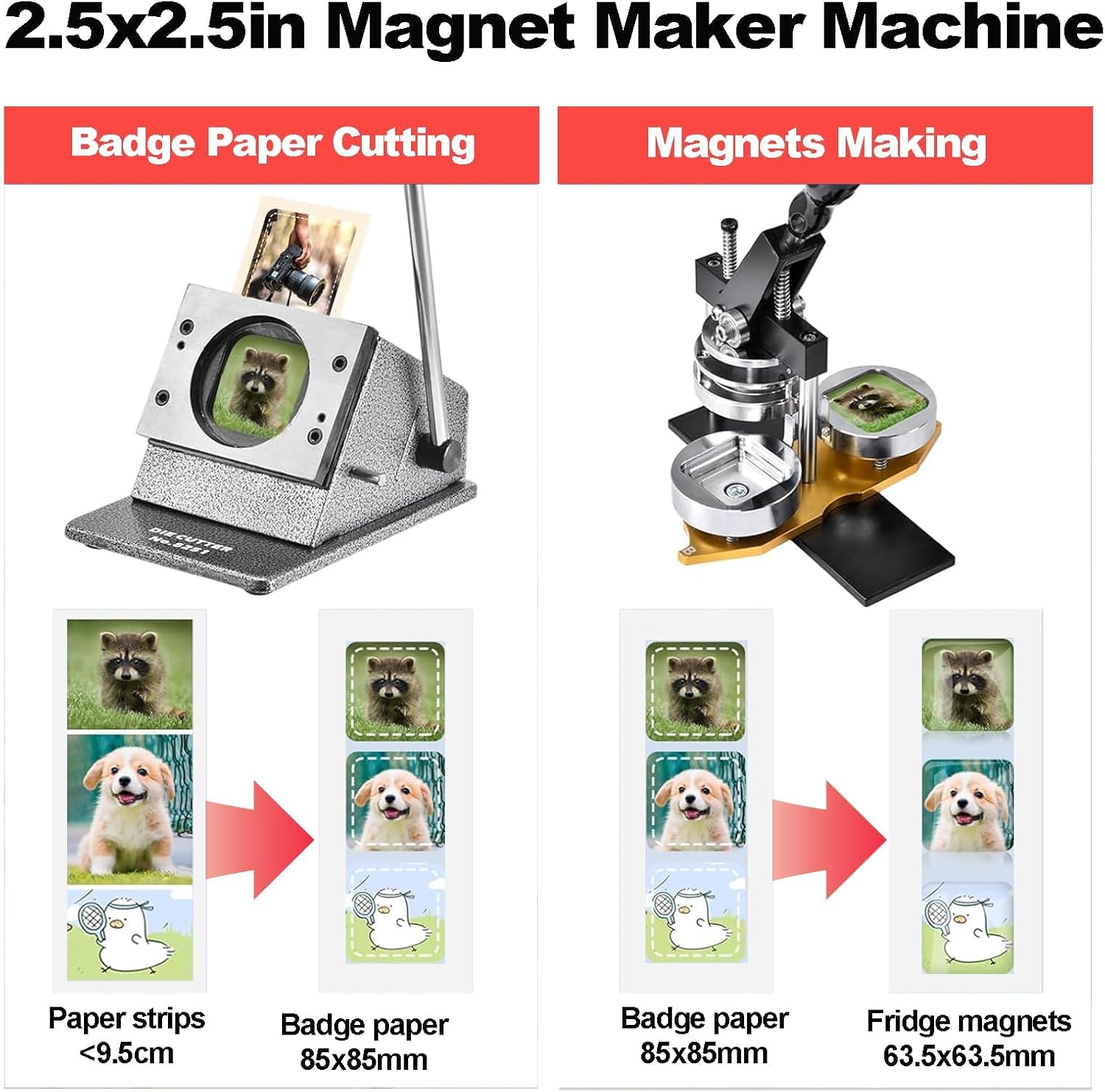 2.5x2.5 Inch Square Magnet Maker Press, 63.5x63.5mm DIY Fridge Photo Magnet Making Machine with Paper Cutter, 200 Magnet Supplies & 100 Sheets Photo Paper