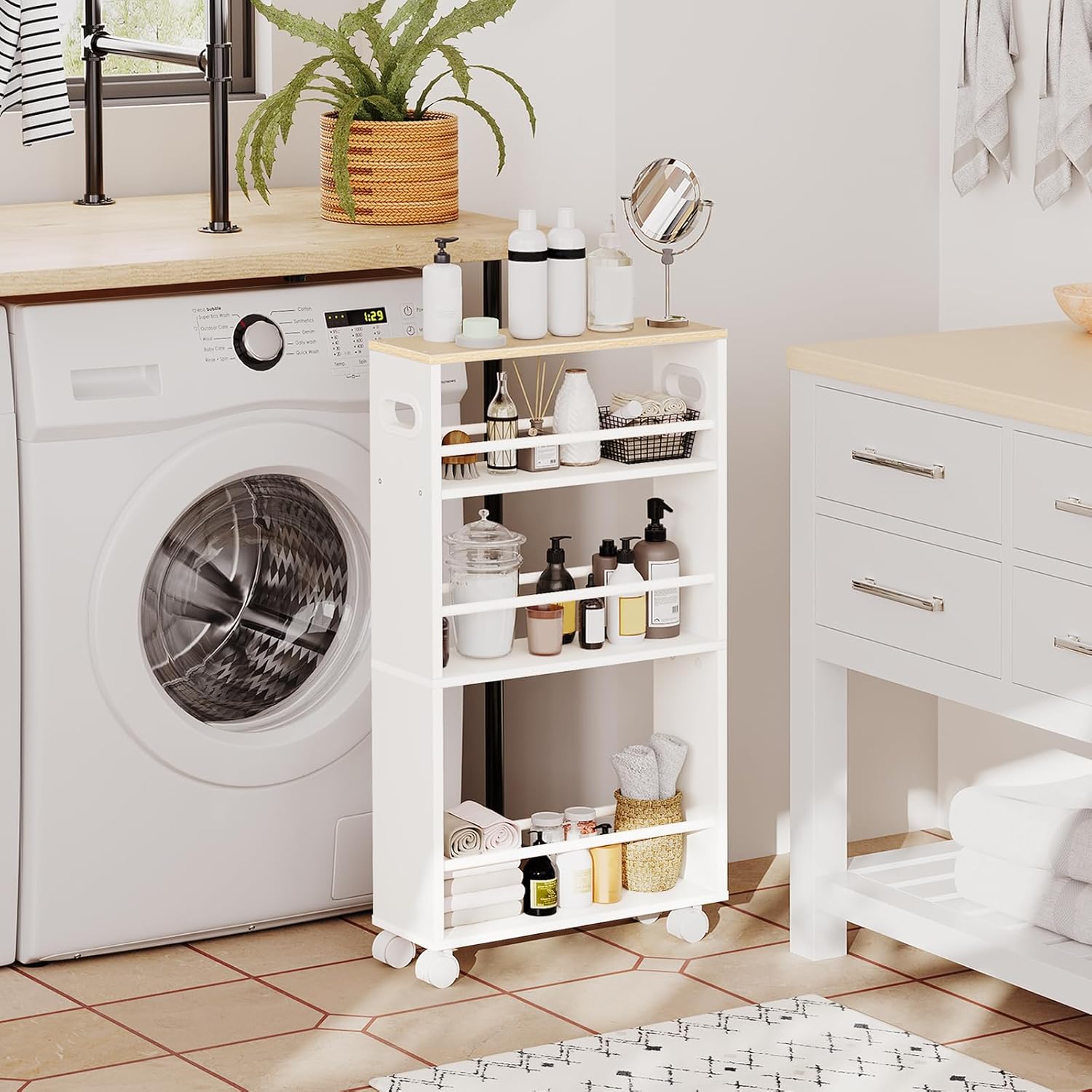 HOOBRO 4-Tier Slim Service Cart in a bathroom, holding various toiletries and cleaning supplies.