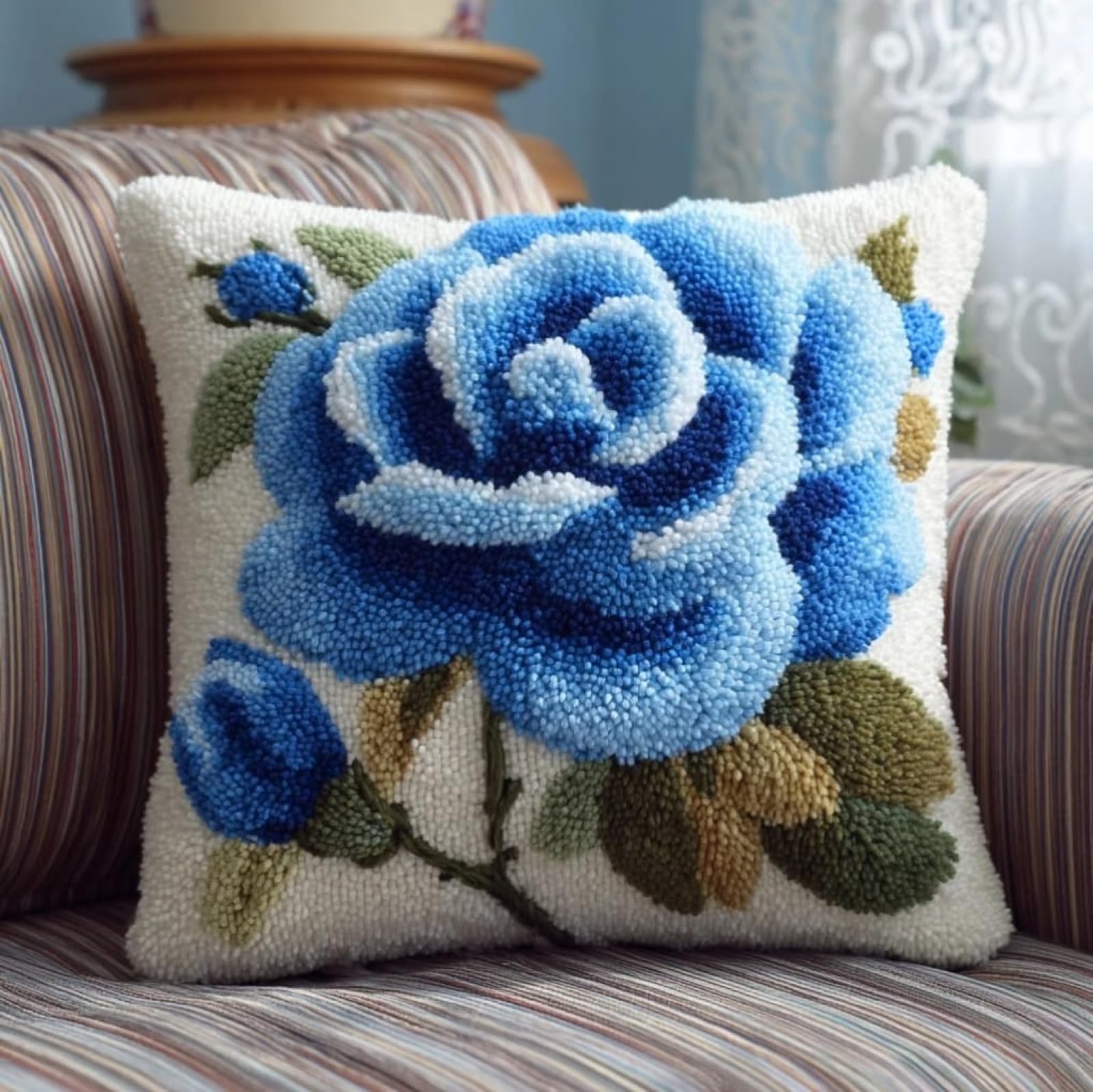 WallustrioaW DIY Latch Hook Cushion Kits 43x43cm,Blue Roses