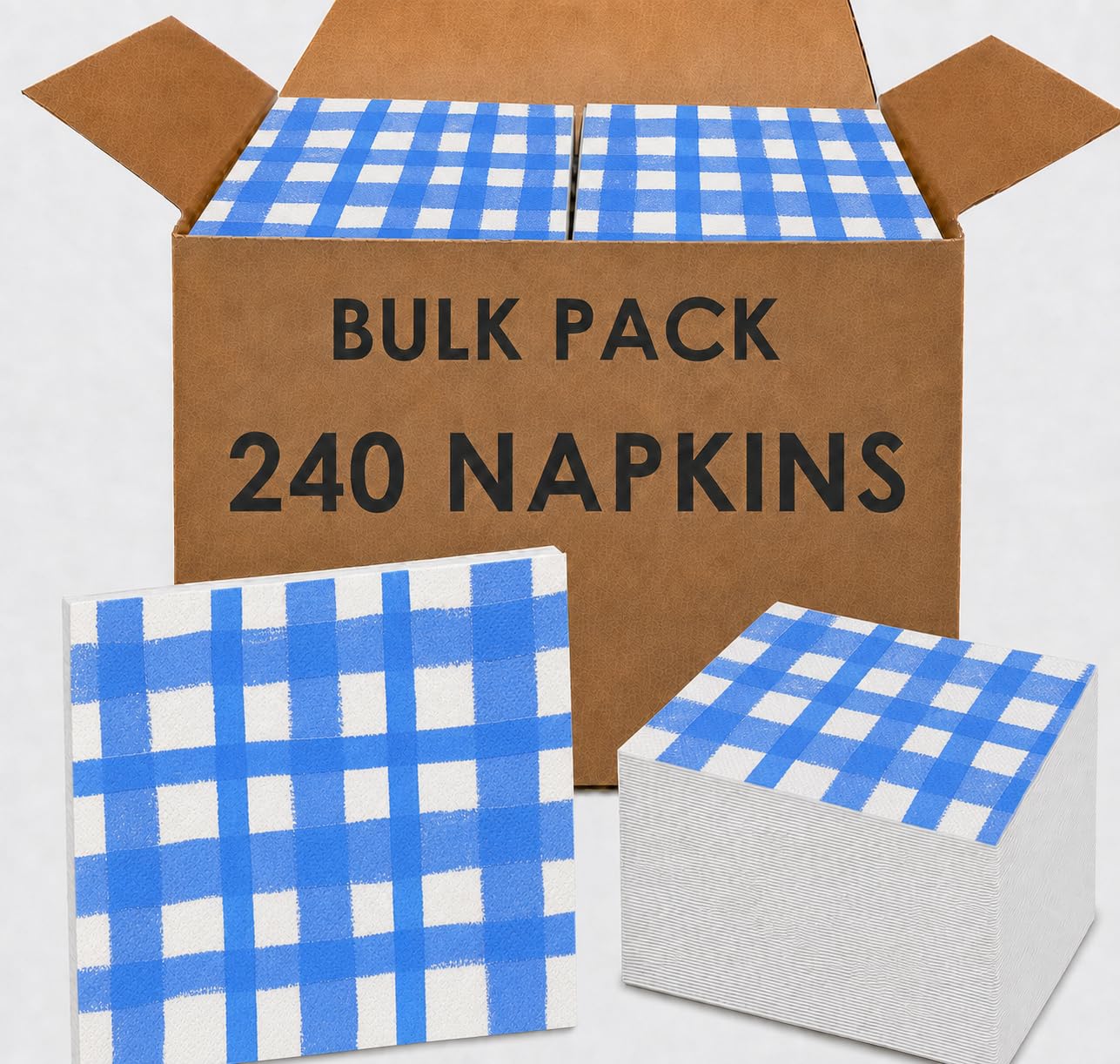 Talking Tables 240 x Blue Gingham Disposable Napkins, Recycled Checkered Paper Serviettes for Picnics, BBQ & Al Fresco Dining, Birthday, Weddings, 3-ply, 33cm