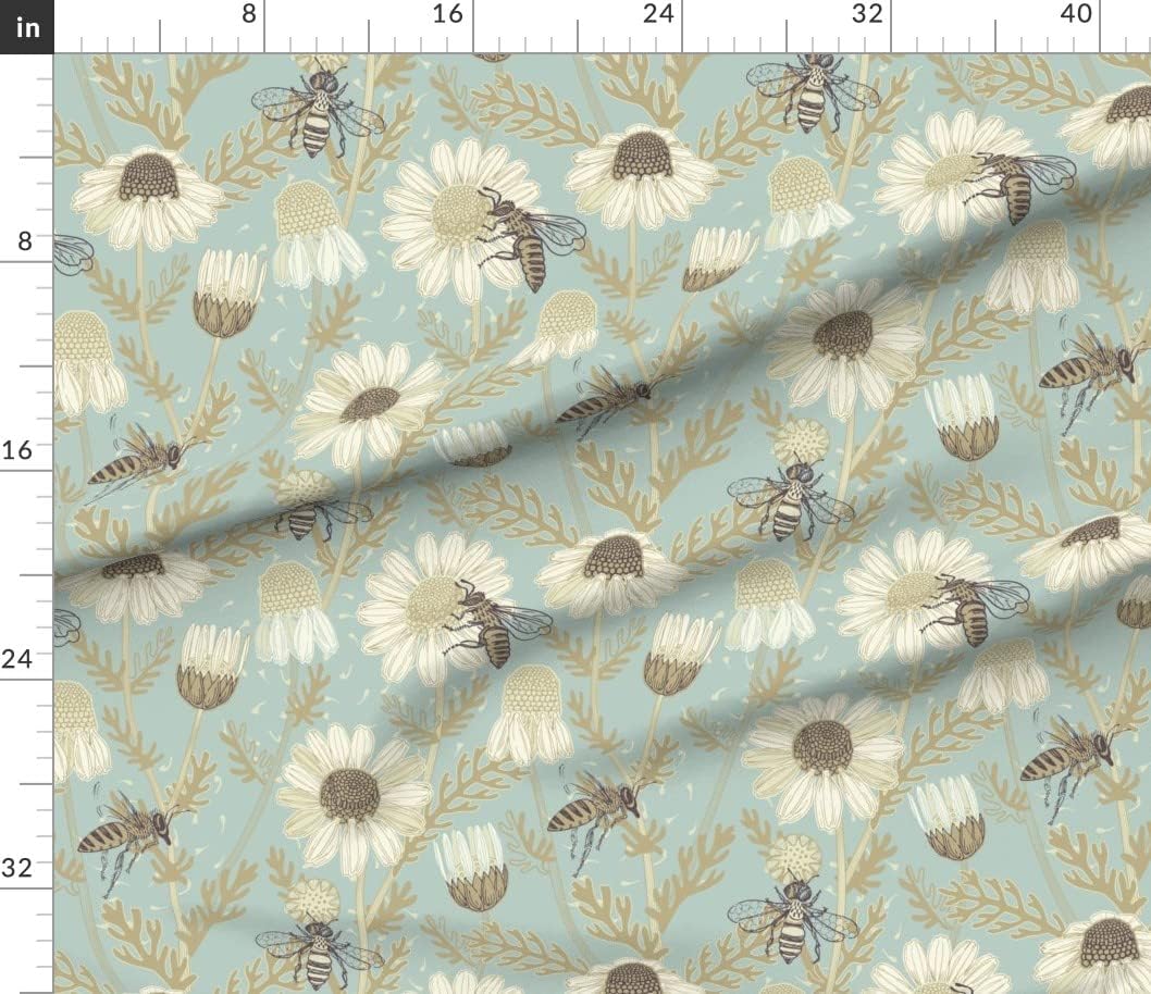 Spoonflower Fabric - Neutral Bee Grass Cottage Summer Blue Ivory Printed on Petal Signature Cotton Fabric by The Yard - Sewing Quilting Apparel Crafts Decor