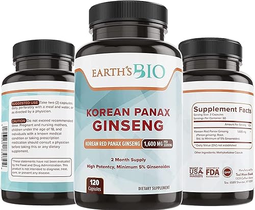 Earth's Bio Nuevo Panax Ginseng rojo coreano 1600 mg 120 cápsulas veganas Ginsenósidos de alta resistencia al 5% Extracto de raíz de ginseng para