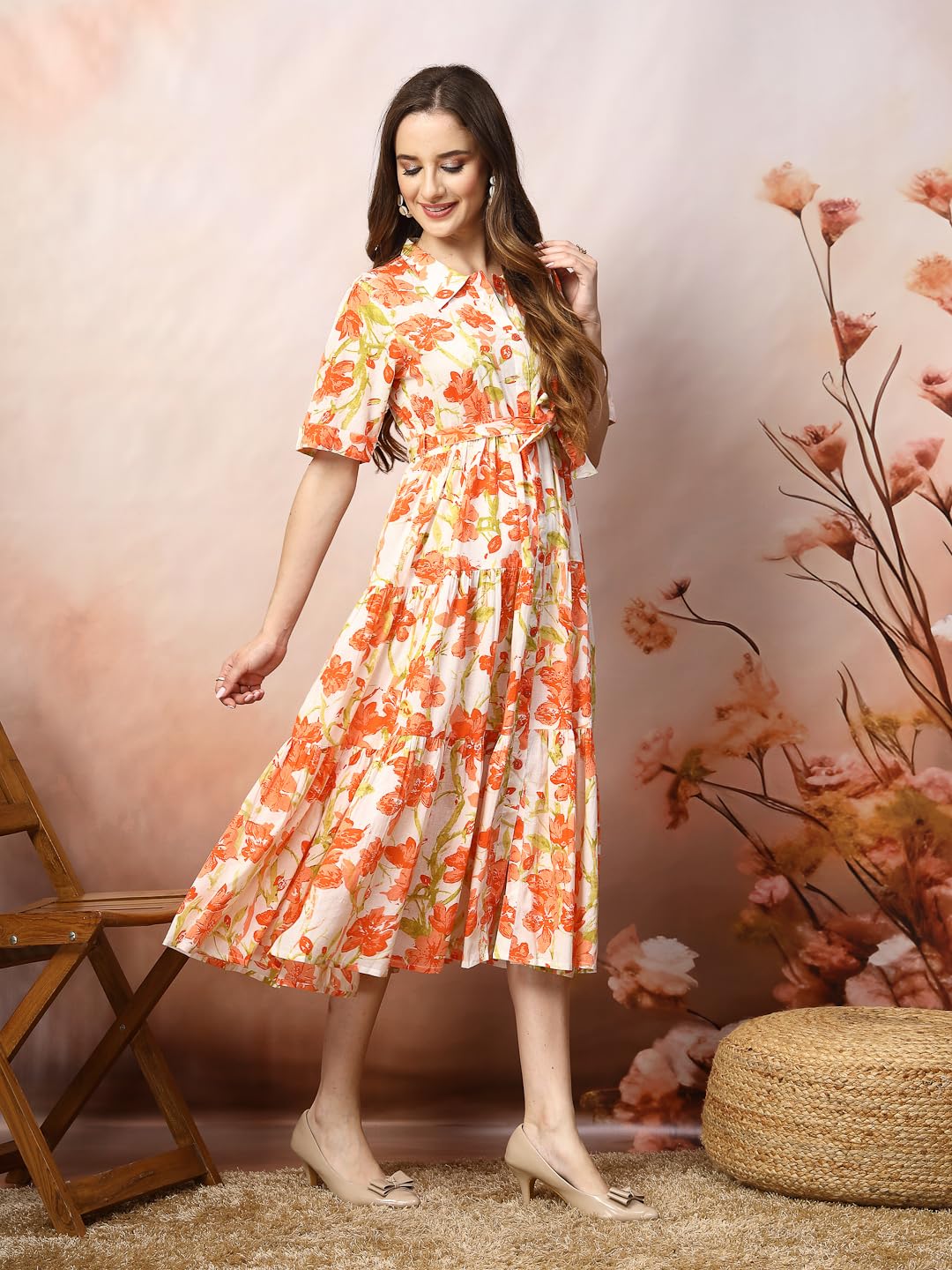 Stylum Women's Floral Printed Cotton Flared Dress (Drsorangekinnu34_Orange, Xs)