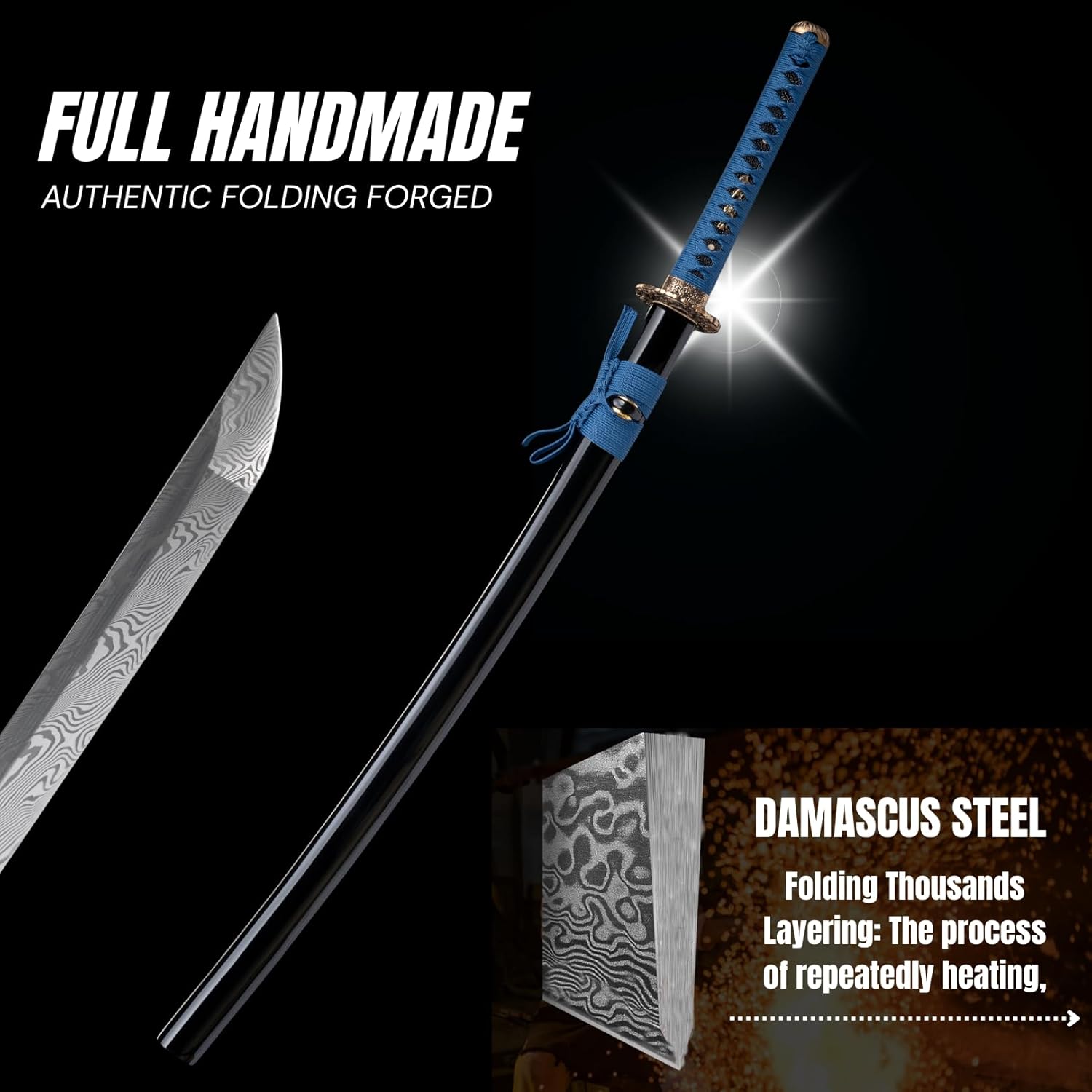 KAWANO Katana Sword, Japanese Handmade Damascus Steel Folded Samurai Sword, Functional Full Tang Blade Katana, Real Rayskin Handle with Gift Bag