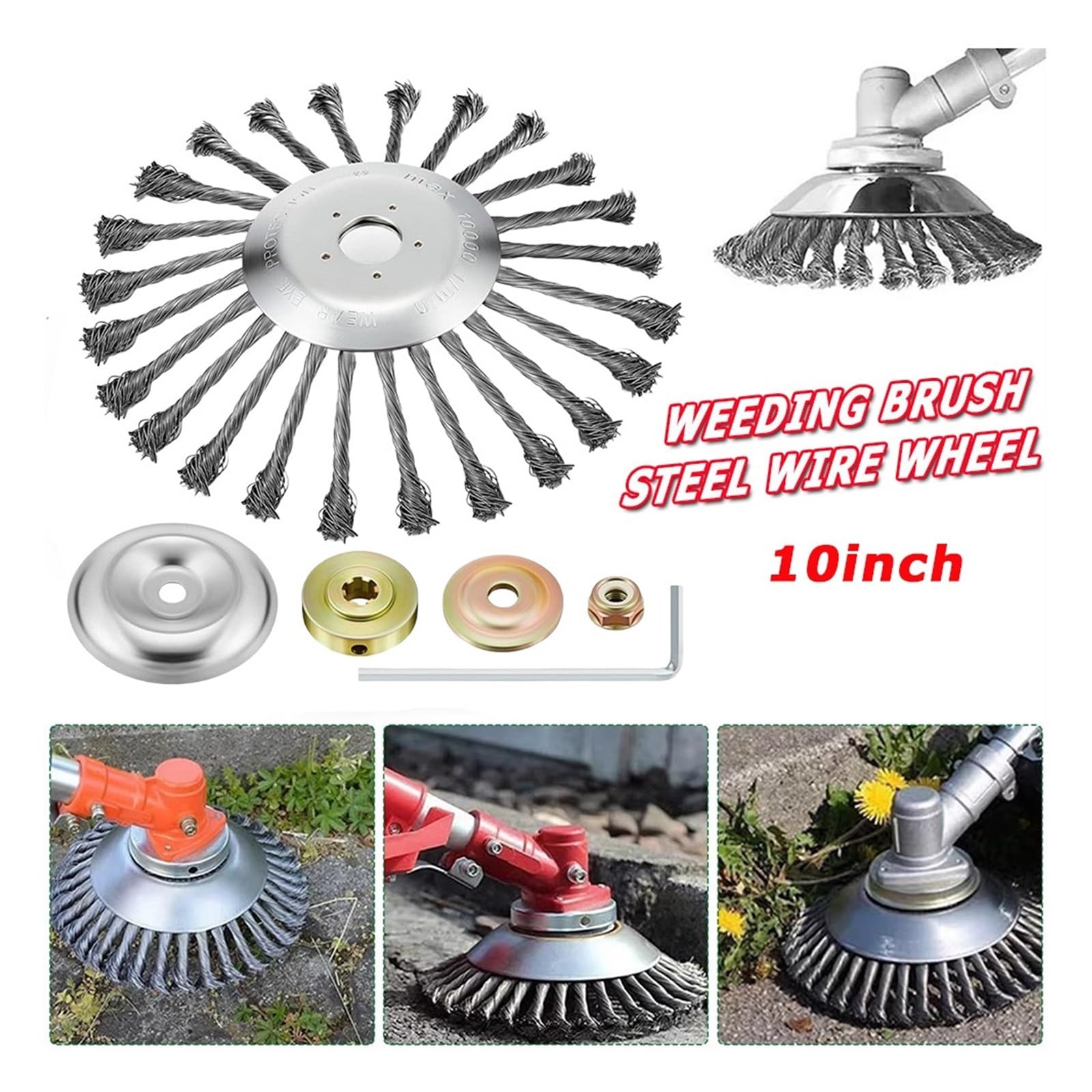 Genérico Rueda de Alambre de Acero, Compatible con cortacésped, Cabezal Cortador de Cepillo Universal for deshierbe, Herramienta de Limpieza for Eliminar óxido(10in with Adapter)