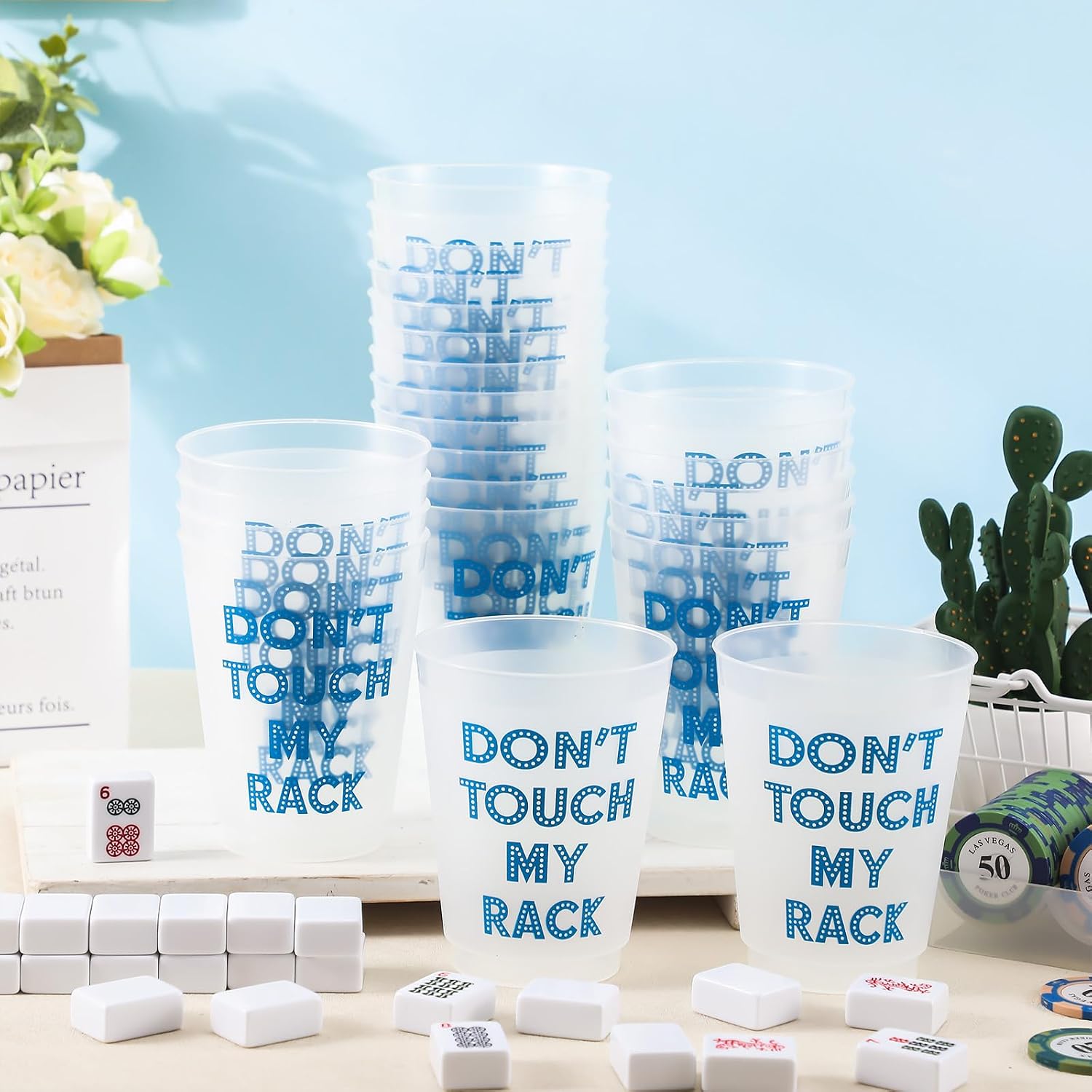 Vesici 48 Pcs Mahjong Cups Don't Touch My Rack 16 oz Reusable Mahjong Frosted Plastic Cups for Mah Jong Party Supplies Game Night Funny Cup Gifts Birthday Celebration (Turquoise Blue) image 3