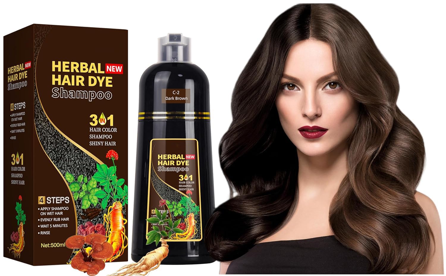 500ML Hair Dye Shampoo 3 in 1-Natural Instant Hair Colour Shampoo Hair Color Shampoo-Grey Hair Coverage Black Hair Dye for Women & Men Hair Dye Coloring in Minutes (Dark Brown, 500ML) (Dark Brown, 500ML)