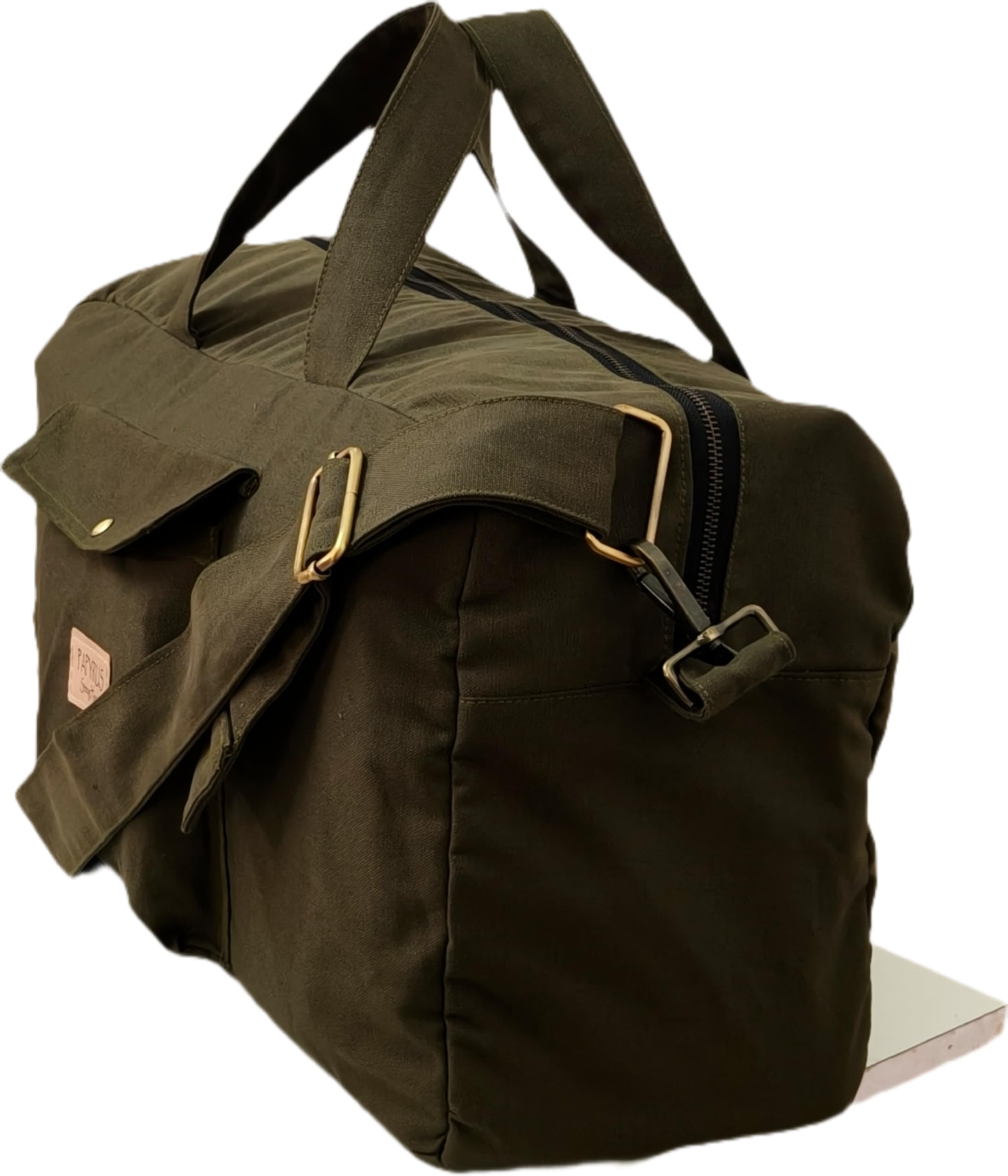 Papyrus Canvas Duffel Bag (Medium 50x20x28cm(35 L) with YKK Metal Zipper and Antique Hardware, Travel Weekender Bag with Front Pocket and Adjustable Shoulder Strap (Army Green)-image-7
