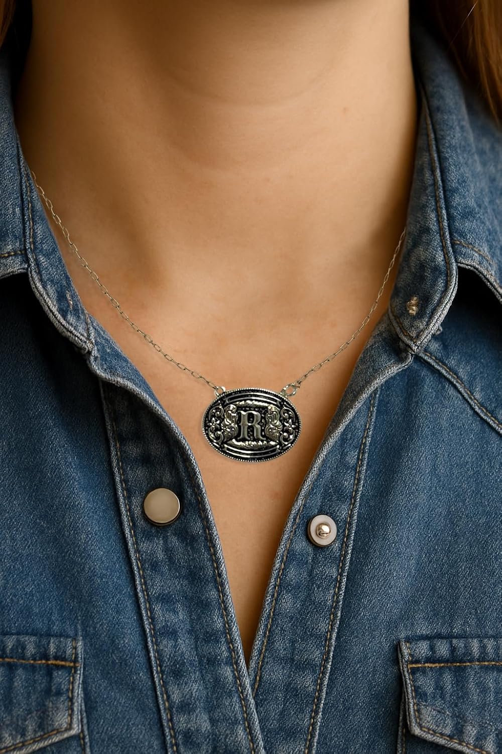 Western Oval Initial Necklace – 925 Sterling Silver Belt Buckle Pendant, 19-Inch Chain, Vintage Cowboy Style Personalized Jewelry for Women - Image 4