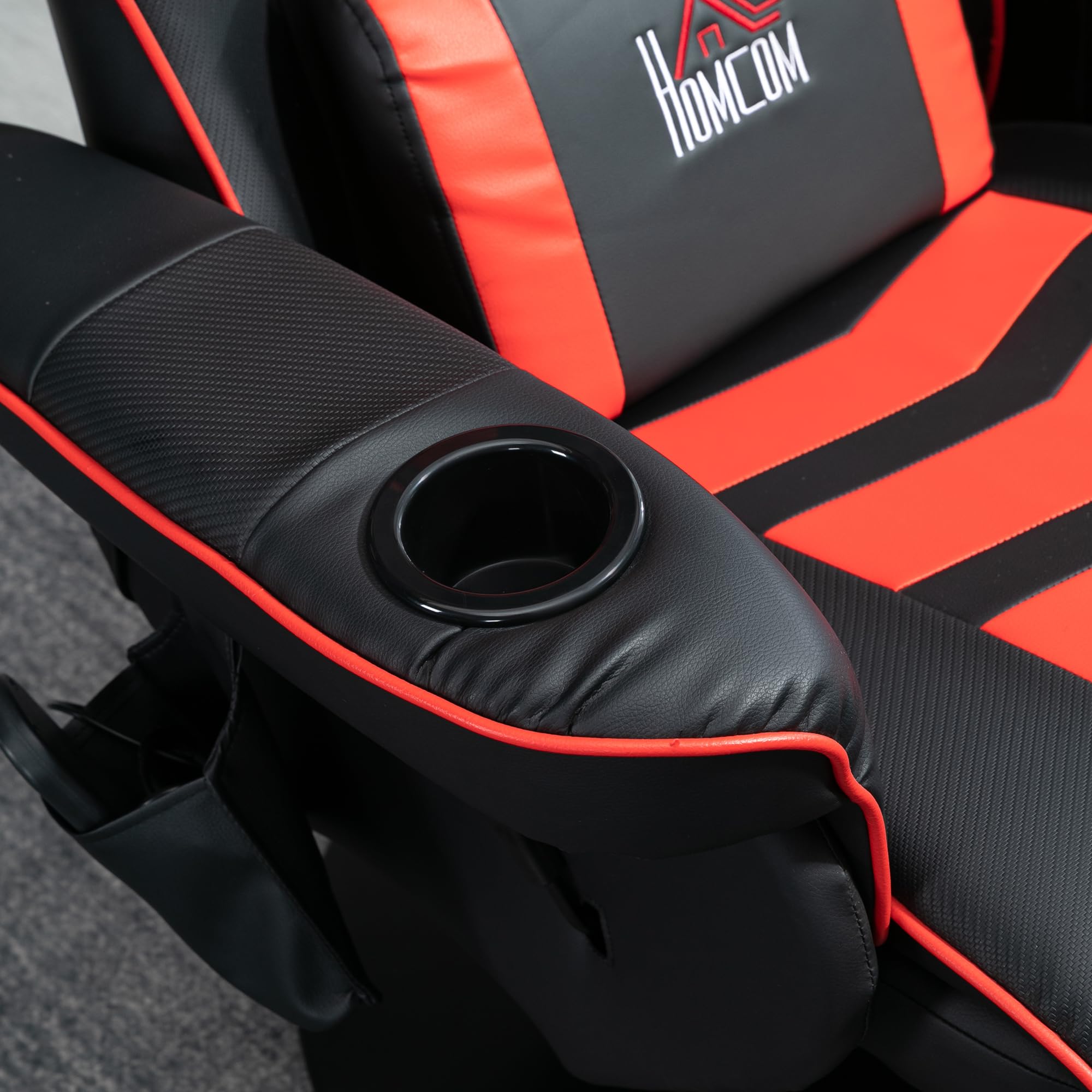 HOMCOM Sedia da Gaming Massaggiante e Reclinabile con Poggiapiedi, Portabicchieri e Cuscino, Sedia Ergonomica in Finta Pelle, Acciaio, 79.5x82.5x111.5 cm, Nero e Rosso