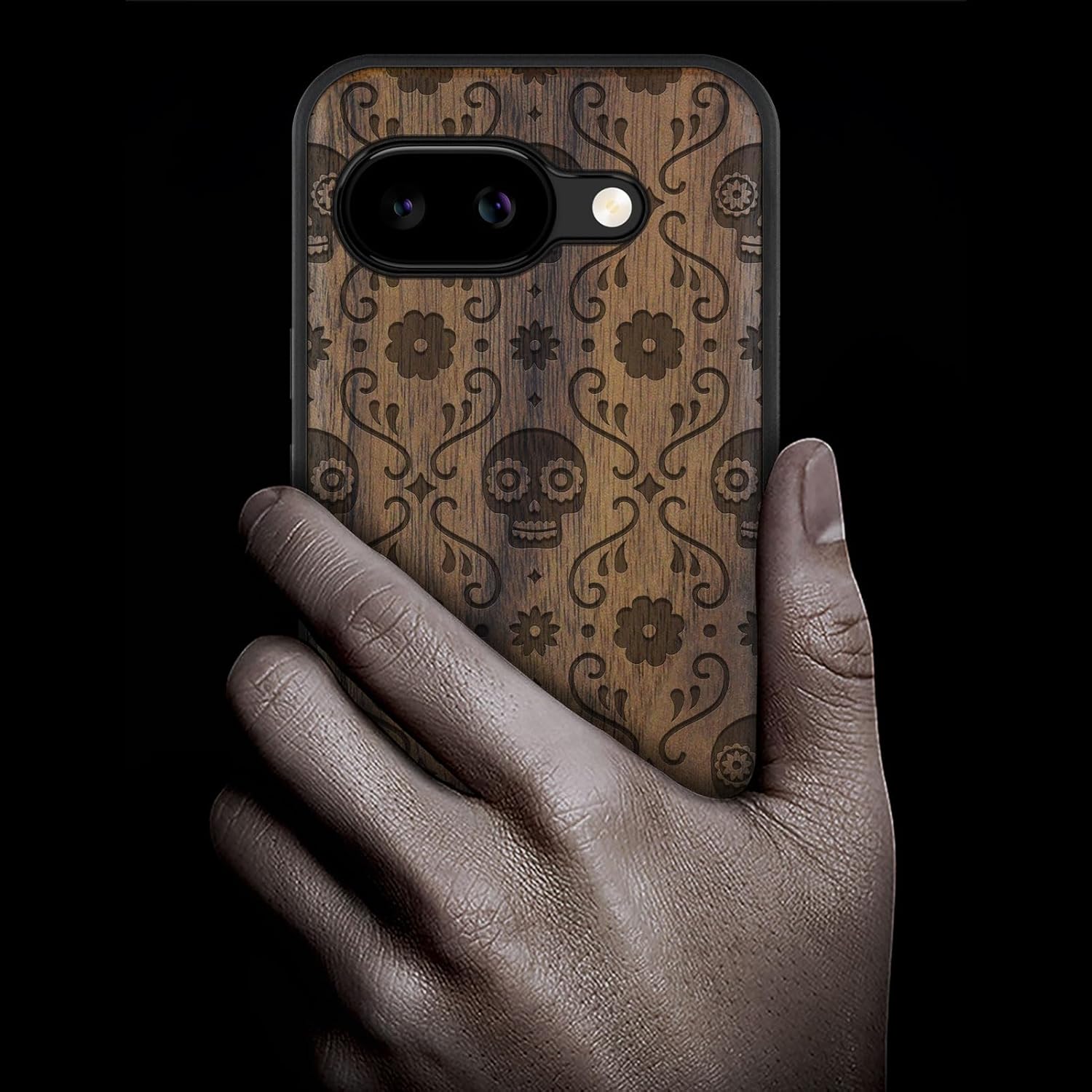 Carveit Magnetic Wooden Case for Google Pixel 9a Case, Wood Artisan Engraved & Soft TPU Shockproof Cover, Compatible with MagSafe Wireless Chargers (Sugar Skull Bloom) Walnut