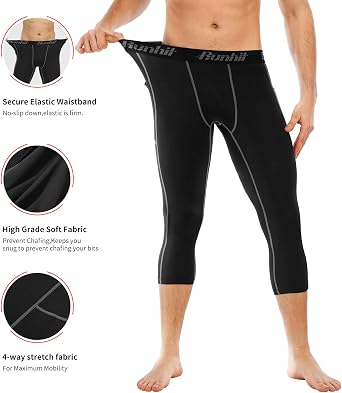 Runhit 3/4 Men's Compression Pants with Pockets,Workout Athletic Tights Leggings Athletic Base Layer Underwear
