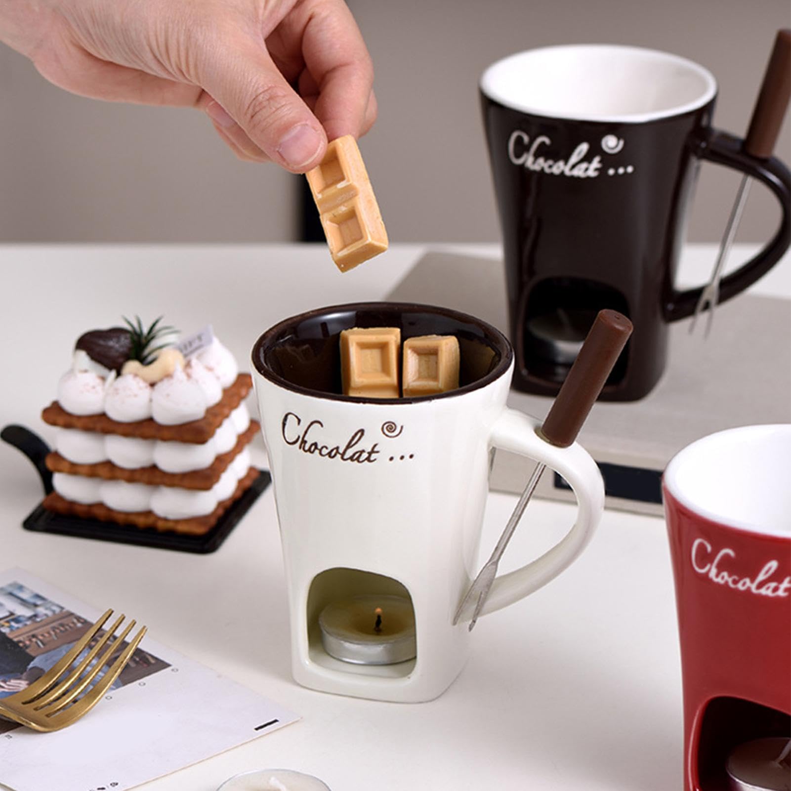 Schokoladen Fondue Becher, Schokoladenfondue Set mit Edelstahl Gabeln, Teelicht Schokofondue Tasse, Keramik Schokoladen Fondue Tasse, Kleines Fondueset für Schokolade Käse