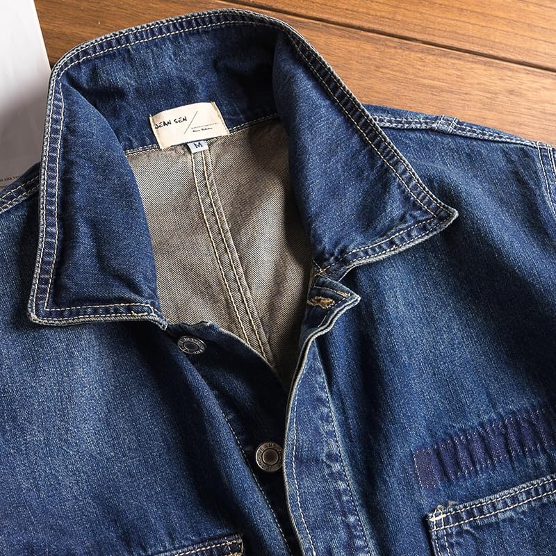 Men's Hip Hop Denim Jumpsuit,Spring Autumn,Long Sleeve Lapel Cargo Pants,Blue Jeans,Loose Pants3