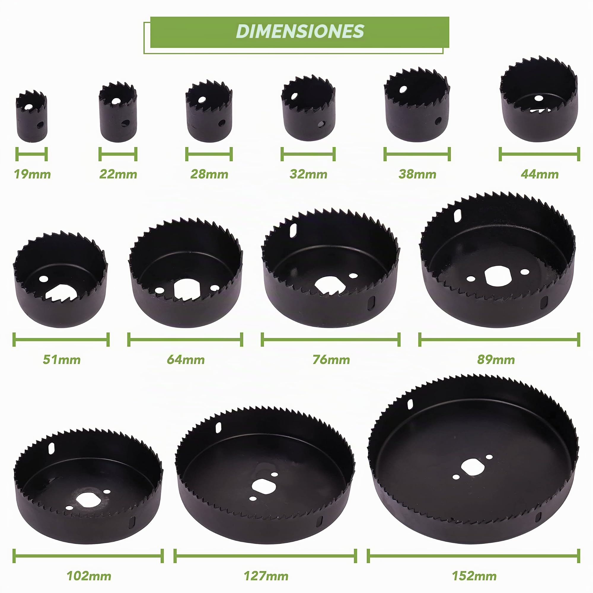 BLOSTM Coronas para Madera y Plástico PVC 21PCS - 19mm a 152mm Sierra de Corona, 2 Mandriles, 2 Taladros, 1 Llave Allen, 1 Placa de Montaje y 1 Caja de Almacenamiento - 21PCS