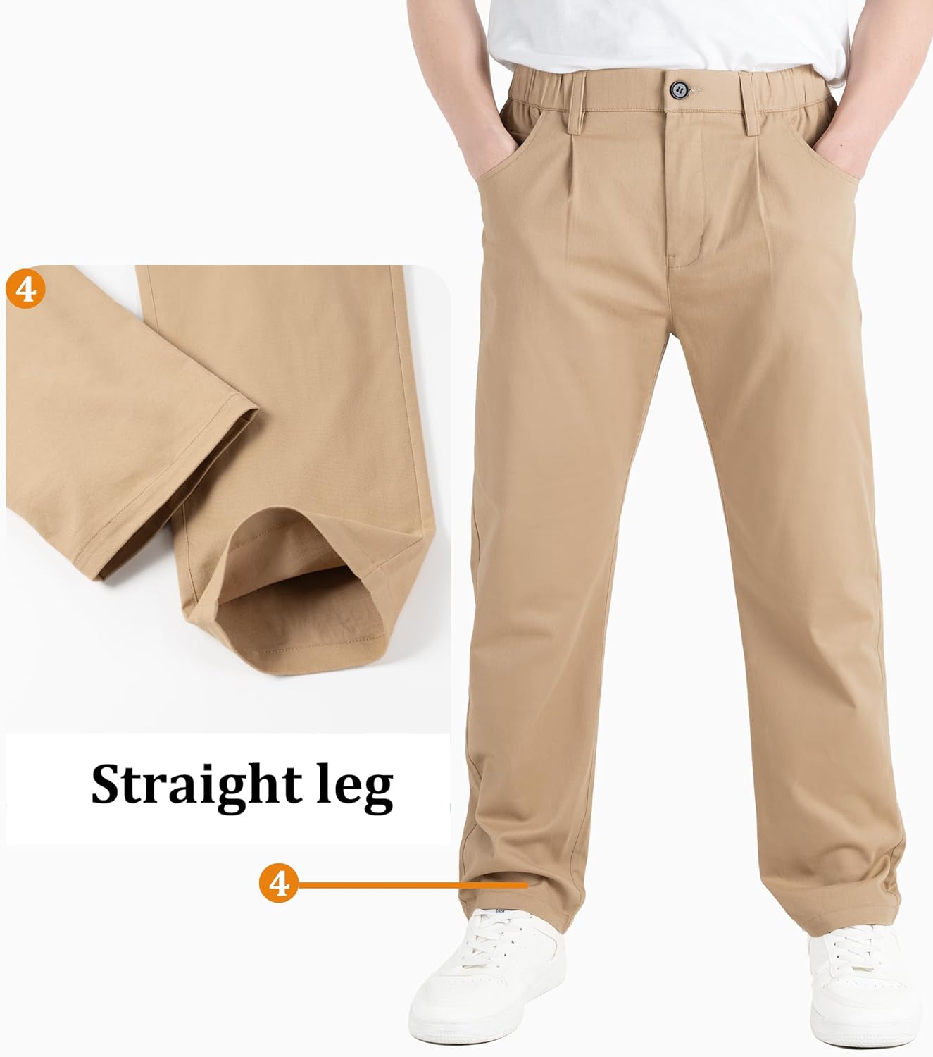 CAMLAKEE Boys' Pleated Dress Pants Kids Elastic Waist Twill Straight Leg School Uniform Pants - Image 5