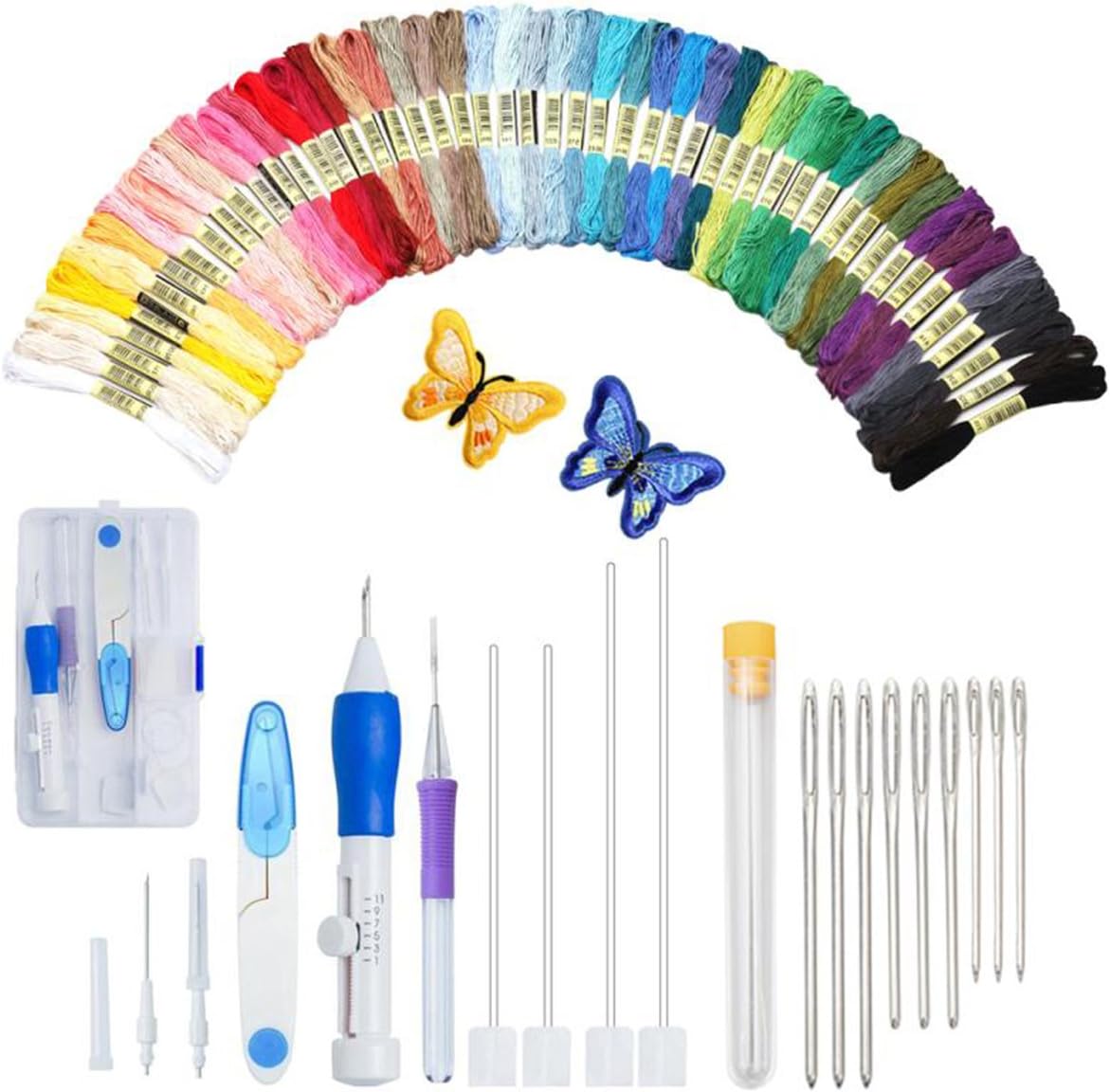 Magic Embroidery Pen Kit, Embroidery Pen Punch Needle Craft Tool Including 50 Color Threads and 9 Pieces Large-Eye Blunt Needles for Embroidery Threaders