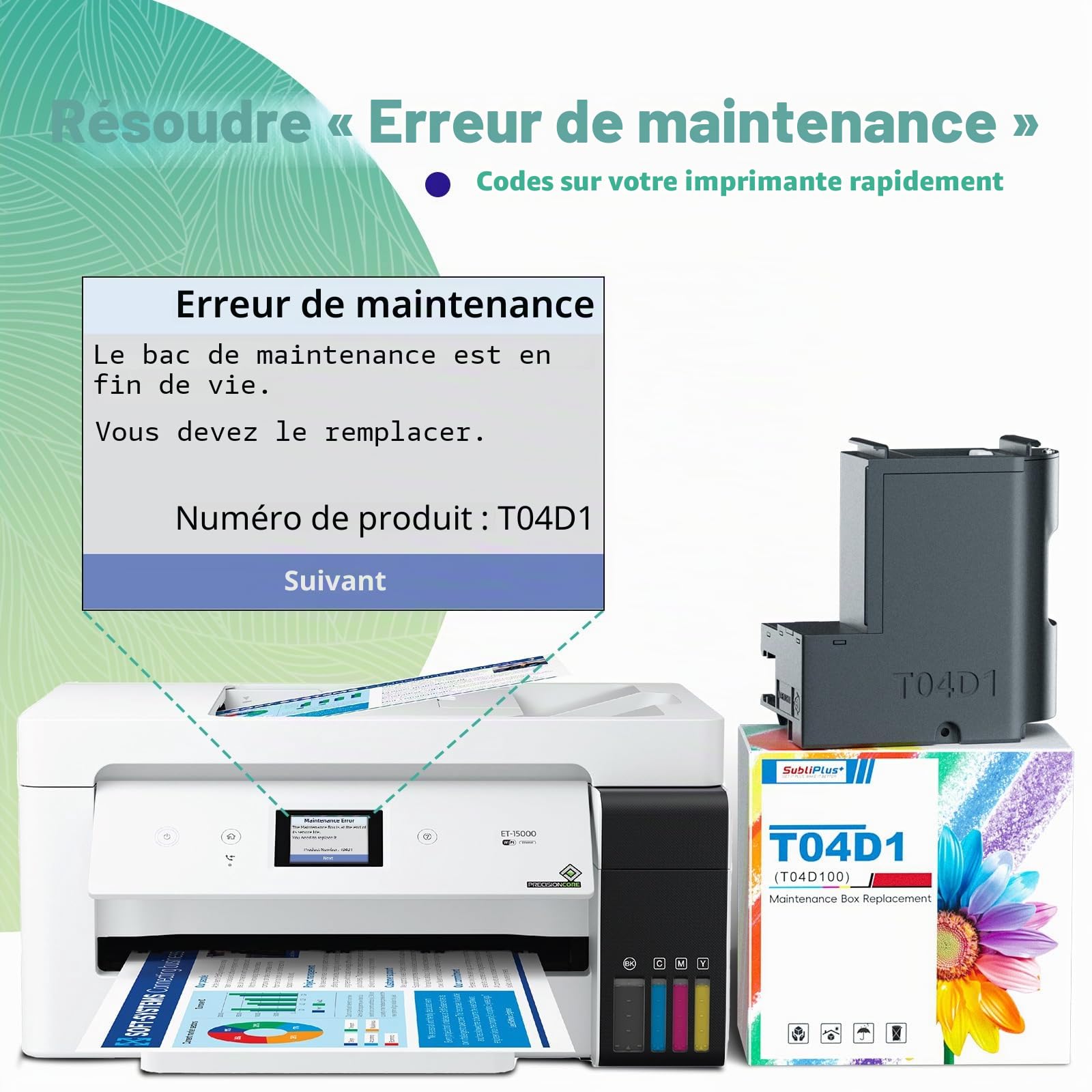 T04D1 Boîte de maintenance d'encre Epson, compatible avec les imprimantes Epson Ecotank ET-15000 ET-3850 ET-4850 WF-2960 XP-5200 ET-4856 ET-3750 XP-5105 XP-5100 WF-2860
