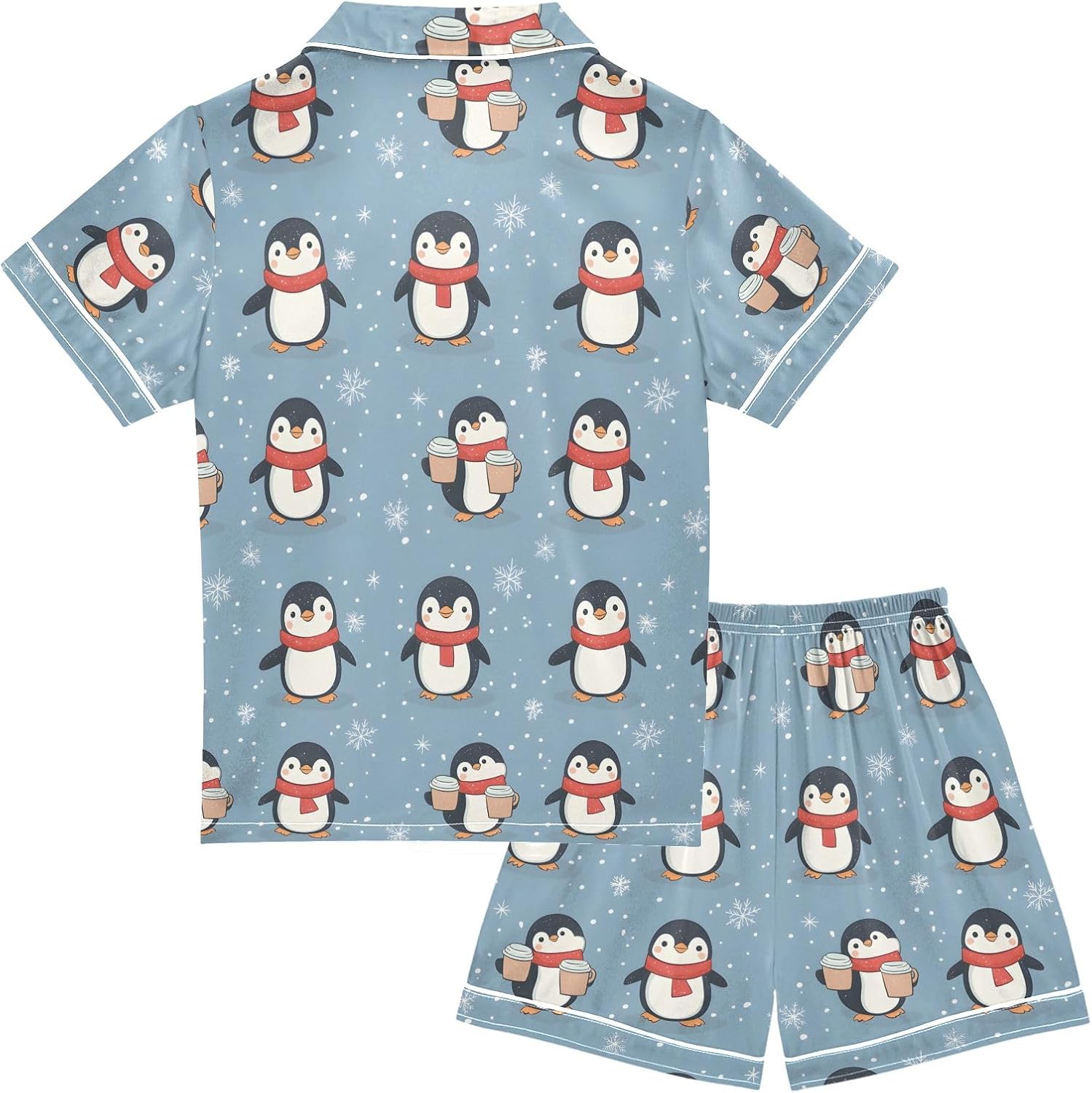 Kids Satin Wear Set Penguins Snowflakes Pattern Relaxed Fit Clothing Short Sleeve and Shorts