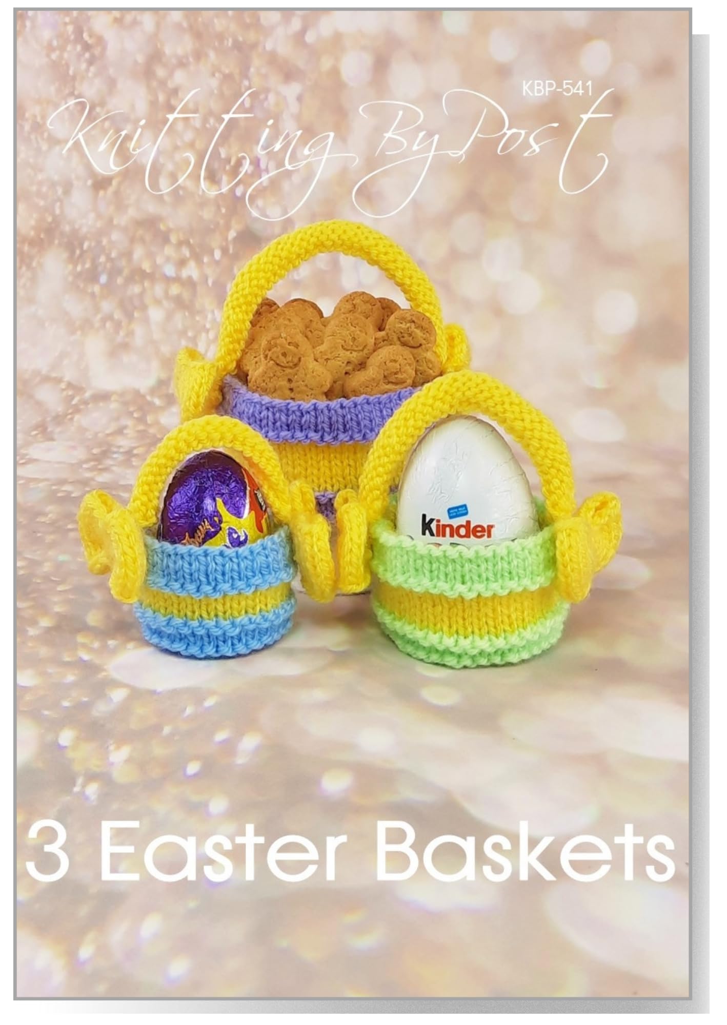 Knitting By Post Blue, Green, Purple, White Knitting Pattern Leaflet For 3 Easter Baskets From Soft Toy Easter A5 Leaflet