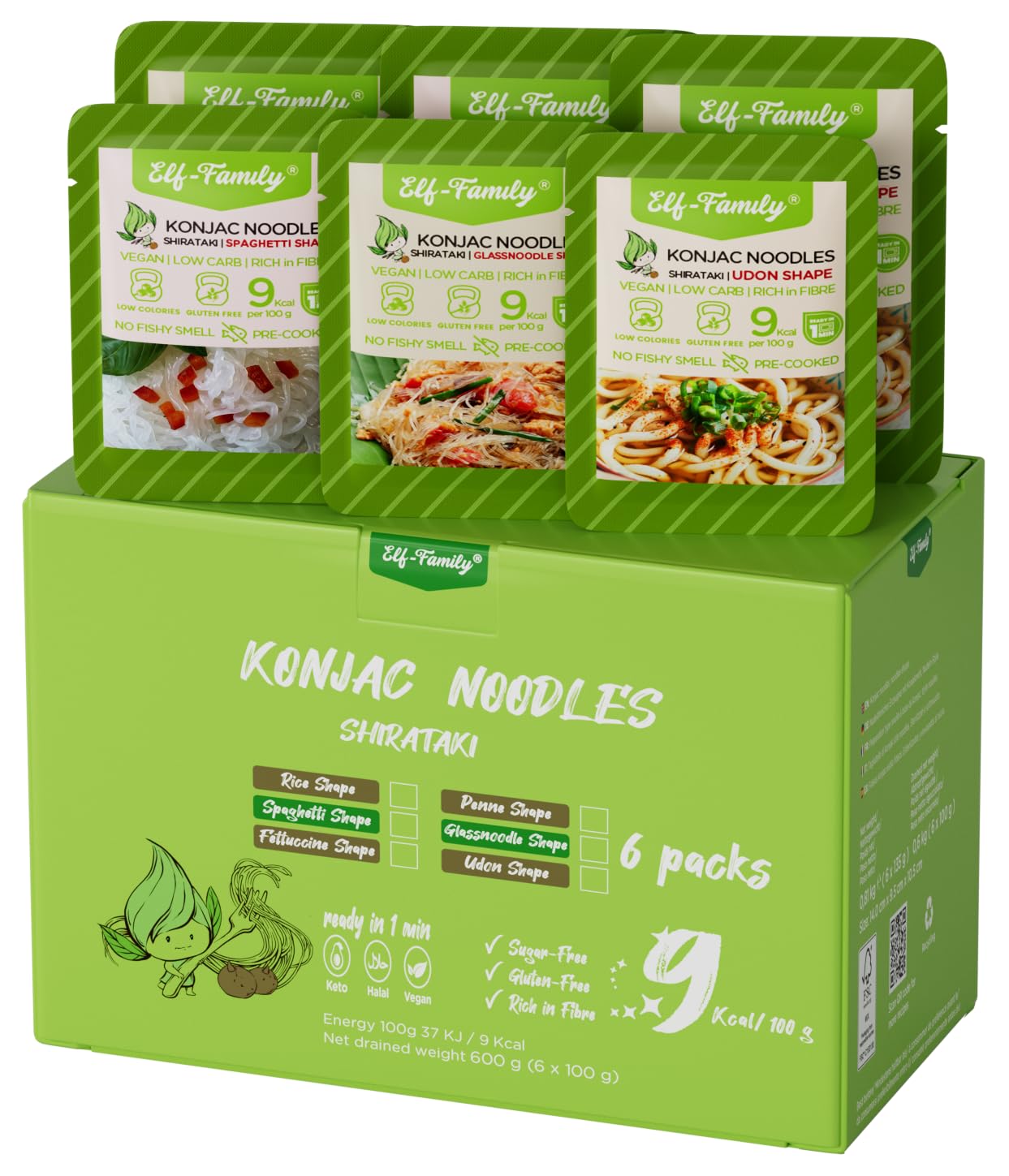 Elf-Family 3+3 Mixto Premium Shirataki Noodles Slim 9kcal Bajo en Carbohidratos, Konjac, Keto, Vegano, Sin Gluten, Sin Azúcar - Spaghetti/Fideos de Cristal/Udon