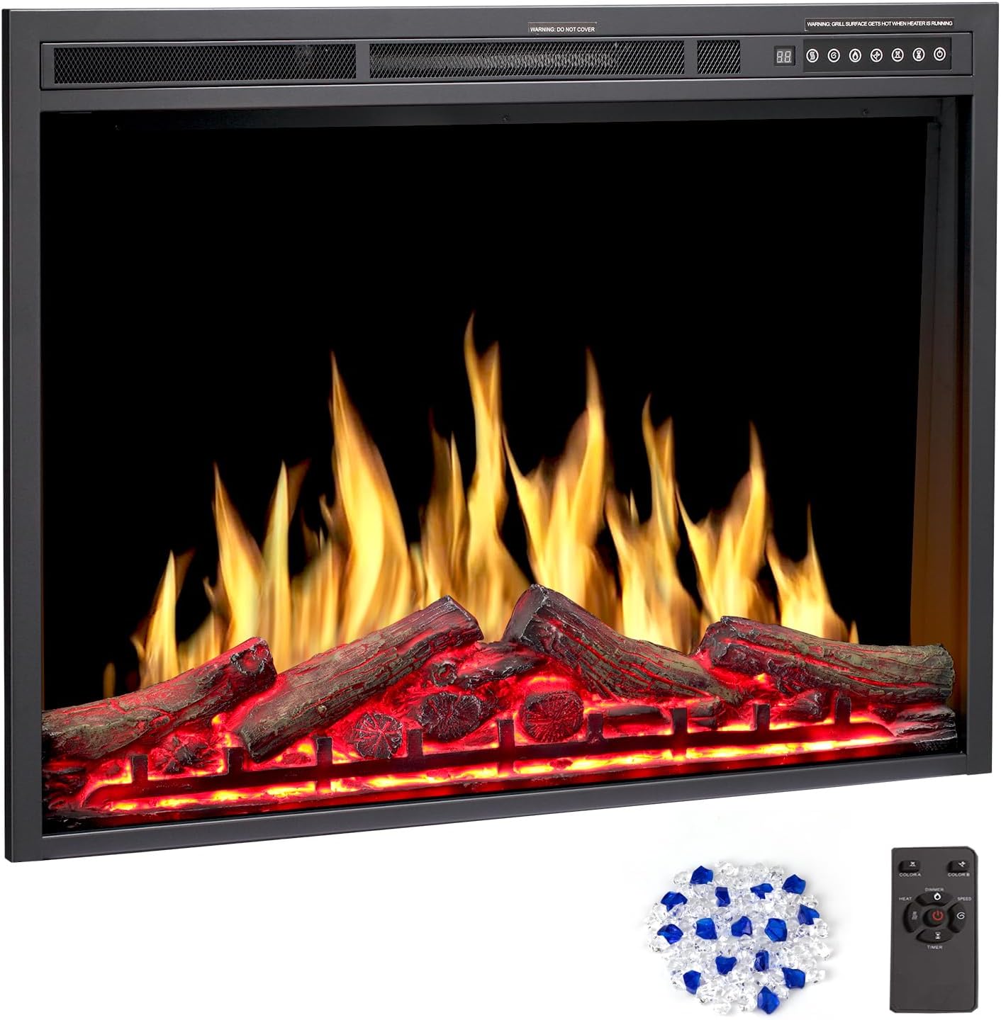 34" Electric Fireplace Insert, Adjustable Changeable Flame & Log Colors, Variable Flame Speed & Brightness, Remote Control, 750W/1500W, 34"x26" Size