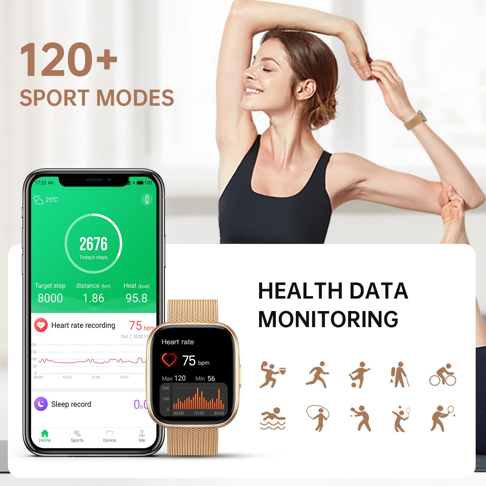 Smartwatch Donna, 1,91" HD Orologio Smartwatch Donna con Chiamate Bluetooth, 120+ Modalità Sport, Monitoraggio Salute 24/7, Impermeabile IP68, Fitness Tracker Compatibile con Android e iOS, Oro