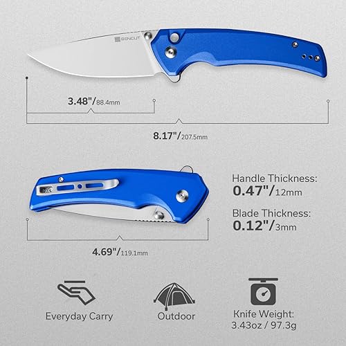 Miniatura 6 de SENCUT Navaja de bolsillo con bloqueo de botón para EDC, Serene, cuchillo plegable, espárrago y abridor de aletas, mango de aluminio con hoja D2