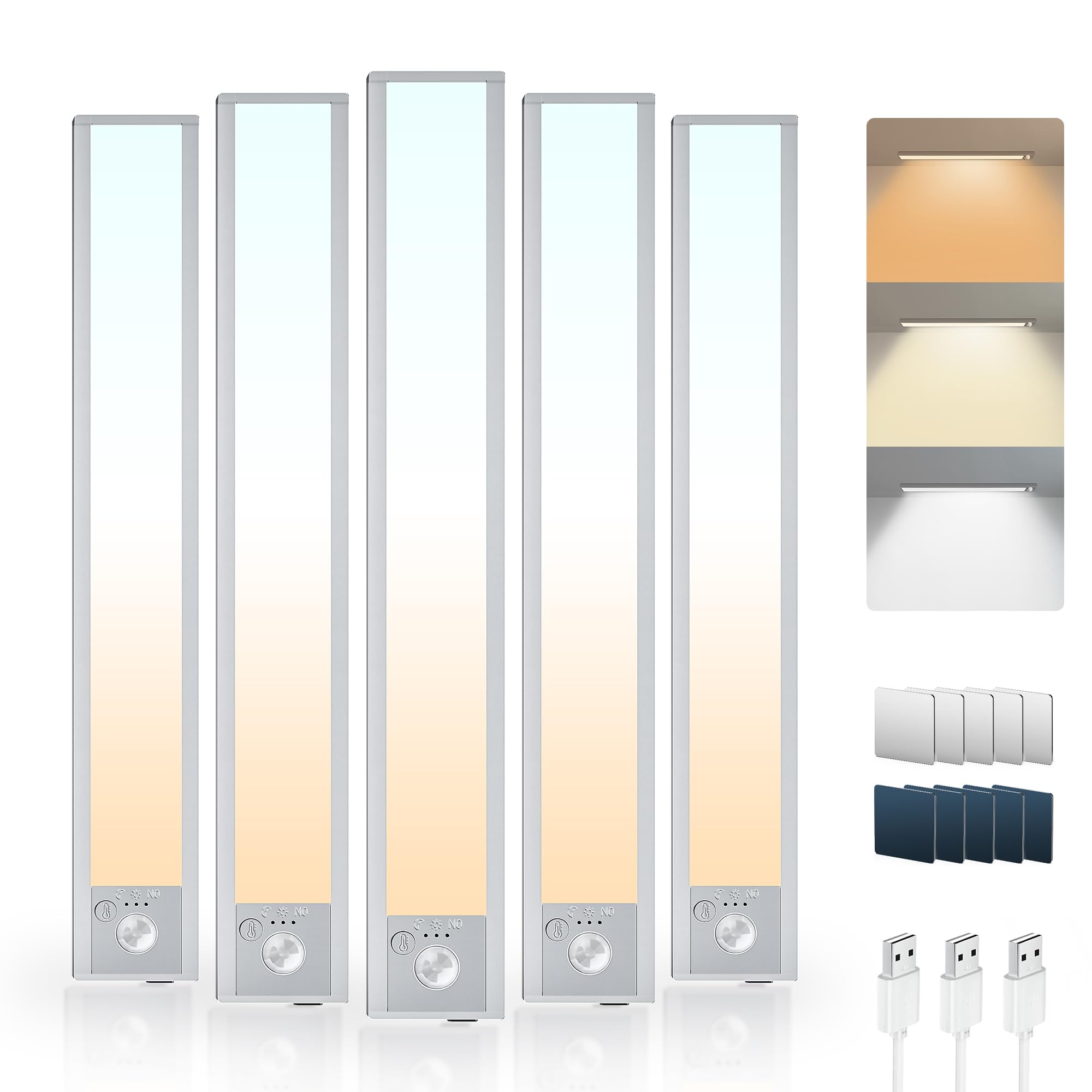 LROLTEF Cabinet Kitchen Lights Motion Sensor Dimmable 21cm 1500mAh 3 Color Temperature LED Under Counter USB-C Rechargeable Wardrobe Sensor Indoor Night Lights for Kitchen Shelf Stairs Closet 5 Pack