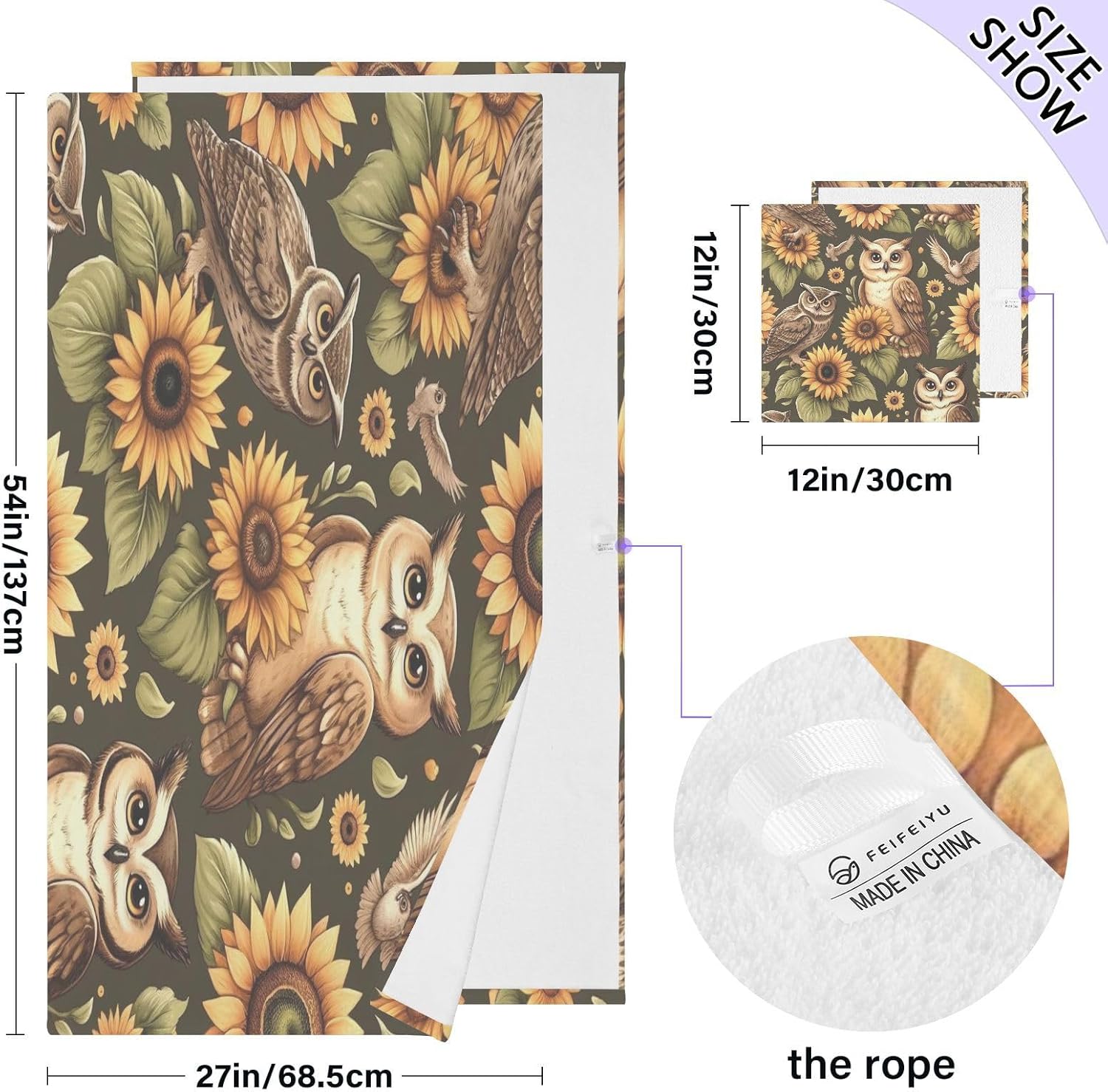 Hand Towels Premium Soft and Highly Absorbent Owl and Sunflower 2 Pcs Towels for Bathroom Set 100% Cotton Decorative Face Towels