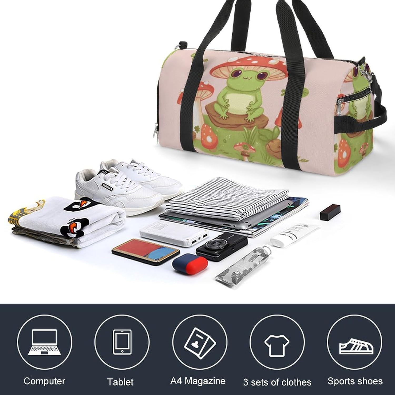 Gym Bag for Men Travel Duffle Bag Cute Frogs And Mushrooms Tote Bag Weekender Duffel Bag Weekender Bag for Sports