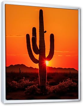 DesignQ Cactus Oversized White Framed Wall art decor, Floral Cactus Wall Art, Tangerine Onyx Cactus Desert Dusk Saguaro, Orange Traditional Canvas wall art, 12x20 inches