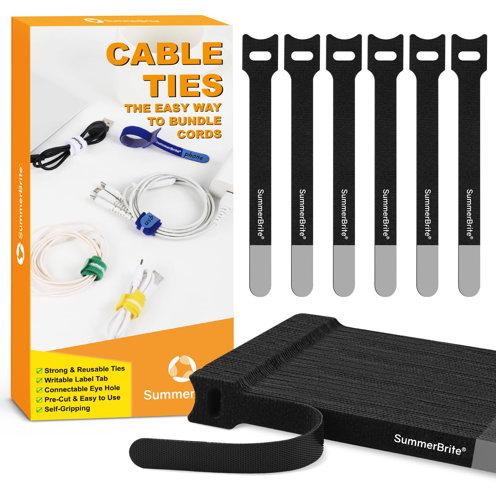 Summerbrite 60PCS Black Cable Ties Reusable Cable Straps Adjustable Hook and Loop Ties Cable Tidy Fastening Straps for Home & Office Desk PC Cable Management(12mm x 20cm)