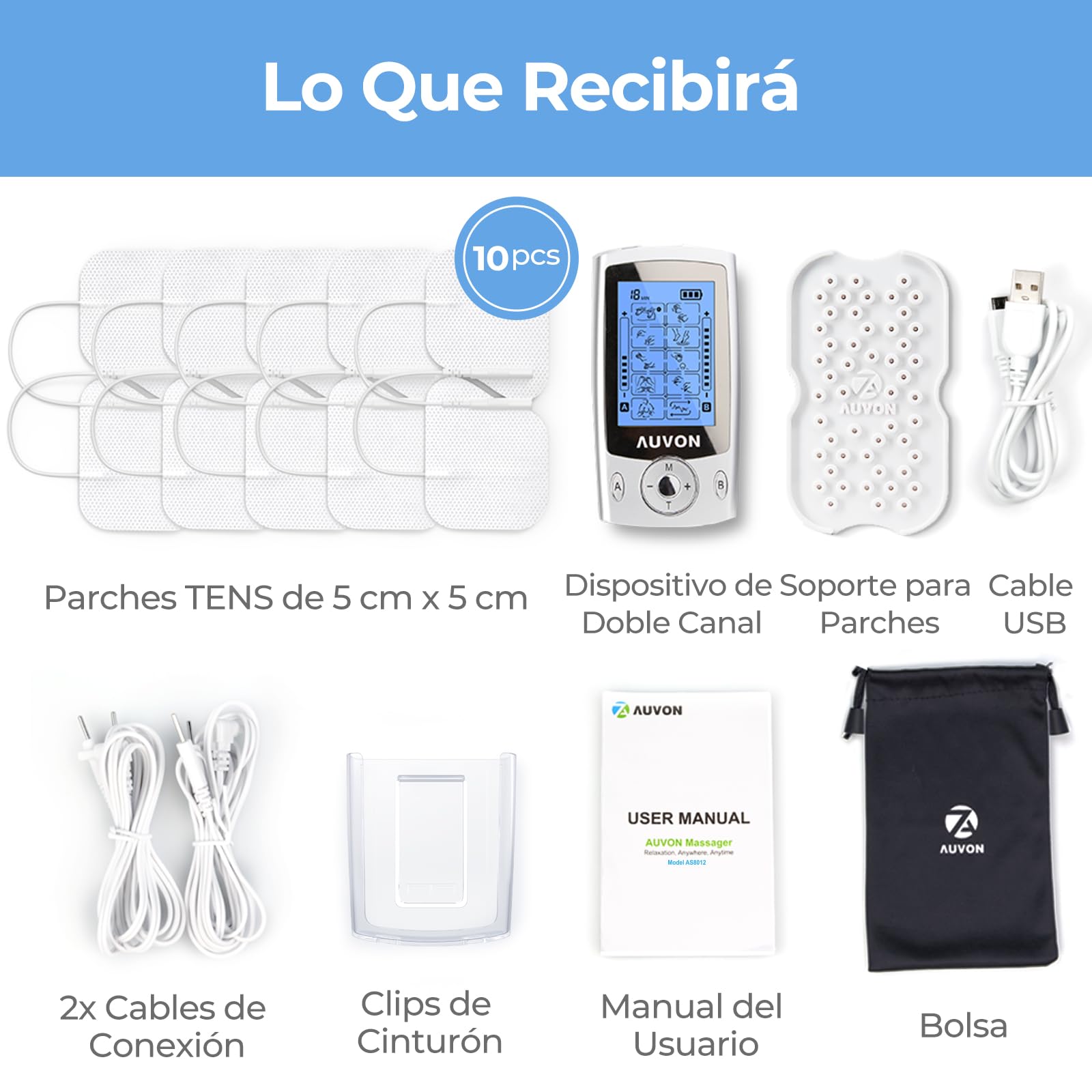 AUVON TENS Electroestimulador Digital, de doble canal para aliviar el dolor, electroestimulador TENS de unidad con 20 modos, 10 piezas de electrodos premium de 2"x 2" con diseño patentado