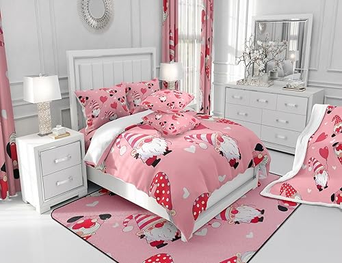 Miniatura 6 de Manfei Juego de funda de edredón para niños, tamaño Queen, romántica funda de edredón de gnomo del día de San Valentín con 2 fundas de almohada,