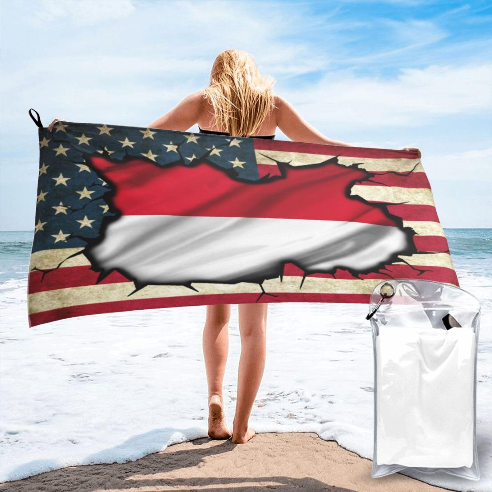 HACXZ Vintage America Flag and Indonesia Indonesian Flag Absorbent Beach Towel Microfiber Beach Towel Lightweight 27.5"X55"
