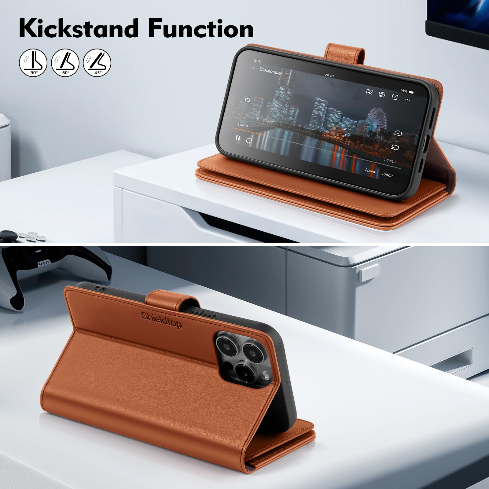 Shieldtop Funda tipo cartera compatible con iPhone 13 Pro Max con tarjetero, para mujeres y hombres, bloqueo RFID, piel sintética, funda protectora de poliuretano termoplástico con ranuras para