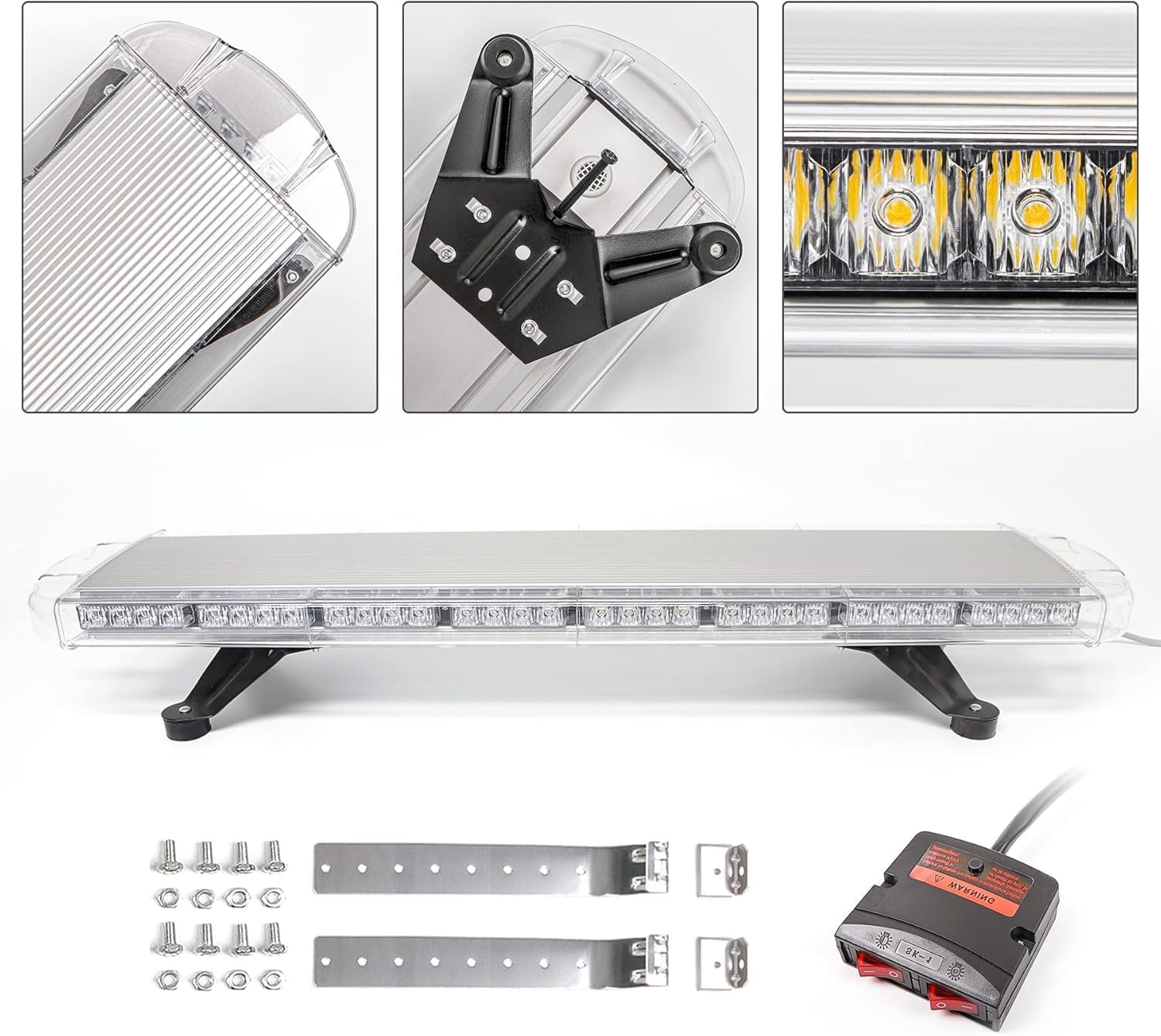38'' 72 LED Rooftop Strobe Lights, High Intensity Emergency Flashing Light Bar, Hazard Traffic Warning Light with Adjustable Mounting Bracket for Snowplow Tow Truck Construction Vehicle (Amber/White)
