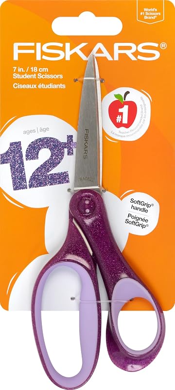 7" SoftGrip Student Glitter Scissors for Kids 12+ - Scissors for School or Crafting - Back to School Supplies - Purple Glitter (Pack of 1)