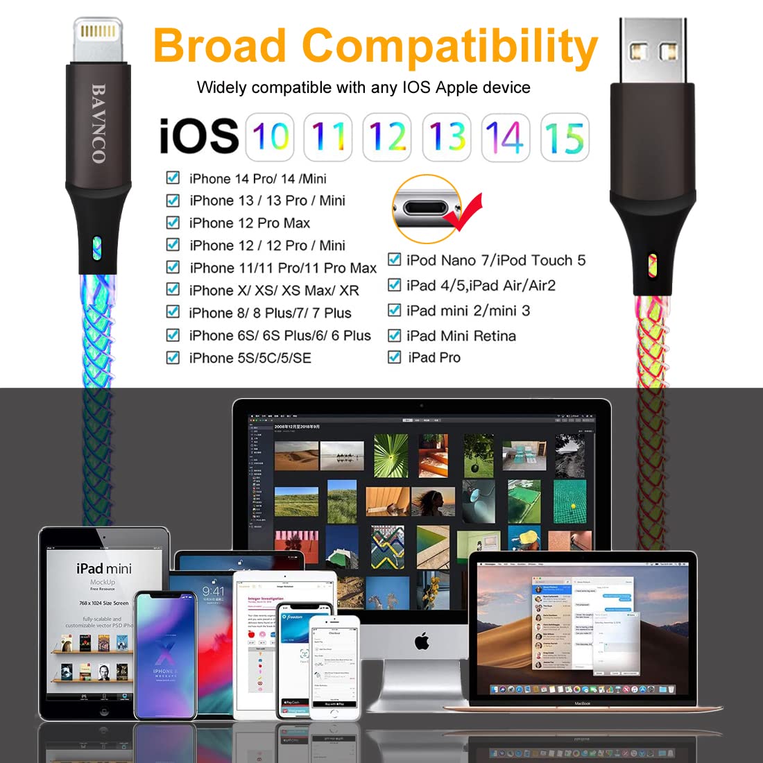 Cable de iPhone con certificación MFi, 3.3 pies RGB de color iluminado, cable de carga rápida USB de sincronización de datos de alta velocidad para iPhone 14 13 12 11 Pro Max XR XS X 8 7 6 5