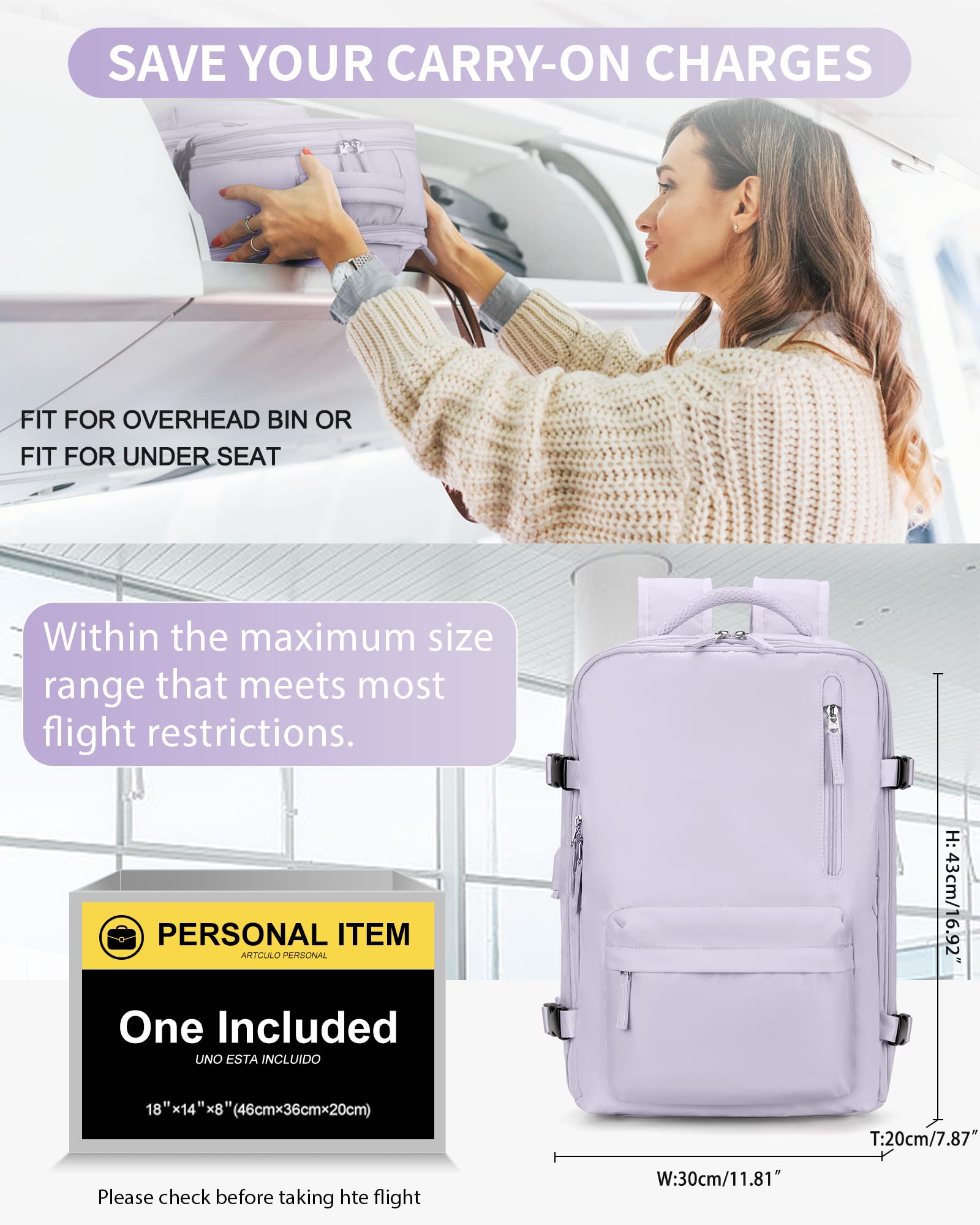 Zaino da Viaggio per Easyjet 45x36x20 Bagaglio a Mano Zaino Borse da Cabina per Ryanair Il Sedile Zaino Aereo Bagaglio a Mano Donna Borsa Cabina Viaggio Zaino Travel Viaggio Casual Daypack,A7-Viola