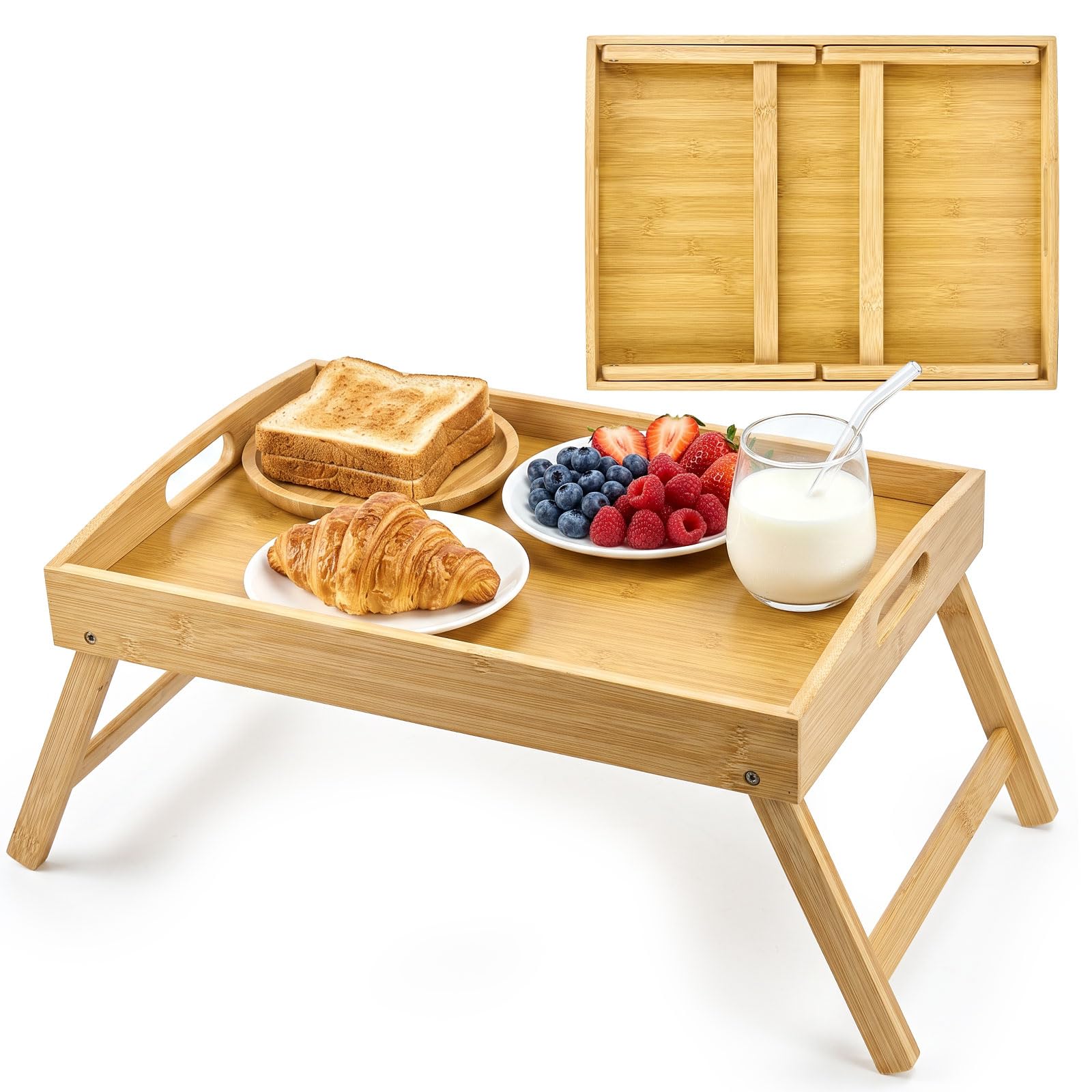 1-Pack Bamboo Bed Tray with Folding Legs &amp; Handles - Breakfast Laptop Desk