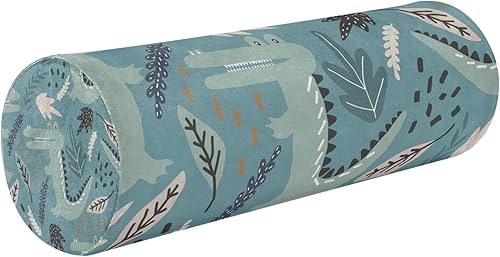 JUNZAN Crocodiles and Leaves Handdrawn Blue Round Bolster Pillow Decorative Neck Roll Pillow Round Pillows for Sleeping for Neck Support Cylinder