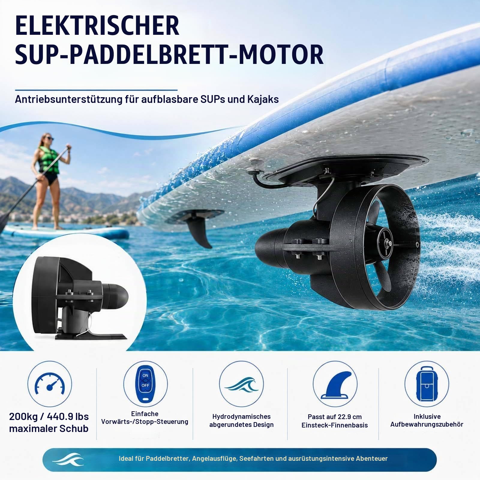 Elektrischer SUP-Motor als Finne, 12V-Unterwasserantrieb für Kajaks & Paddleboards, Komplettset mit Fernbedienung & Tragetasche, 440 lbs Schubkraft 288W