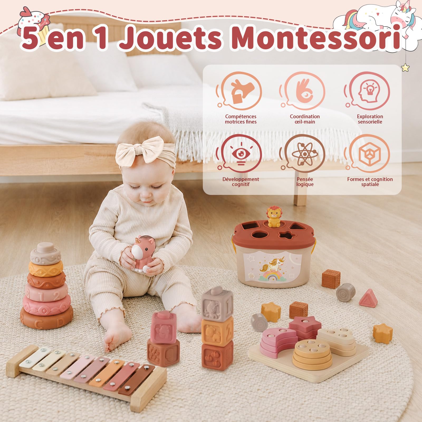 5-en-1 Jouet Bebe 6 Mois, Jouet Montessori Bebe 6-12 Mois, Jeux Sensoriel