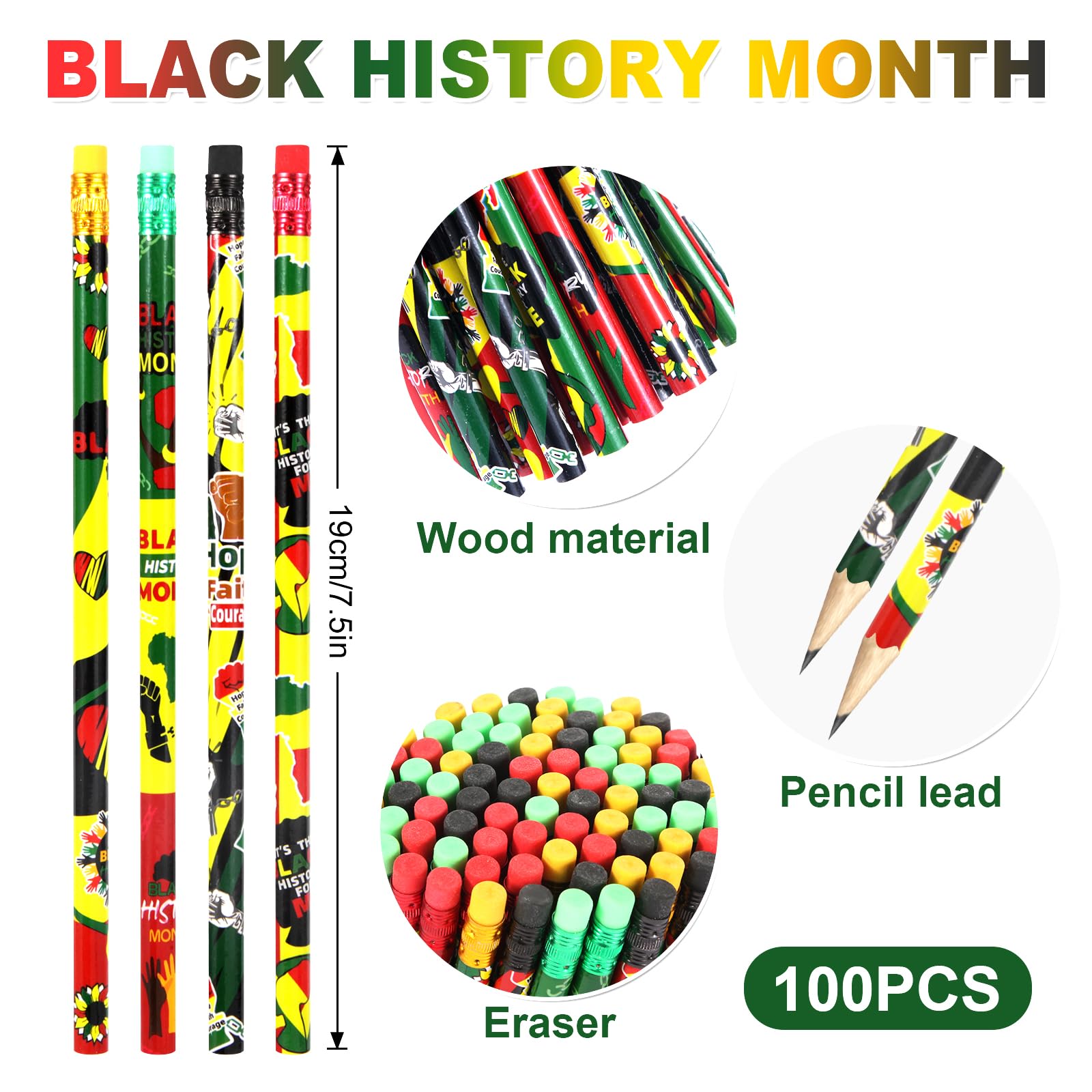 Juego de 200 piezas de regalo del mes de la historia negra: 100 lápices negros del mes de la historia, 100 pulseras de goma para el mes de la historia negra, cumpleaños, profesores, aulas, recompensas