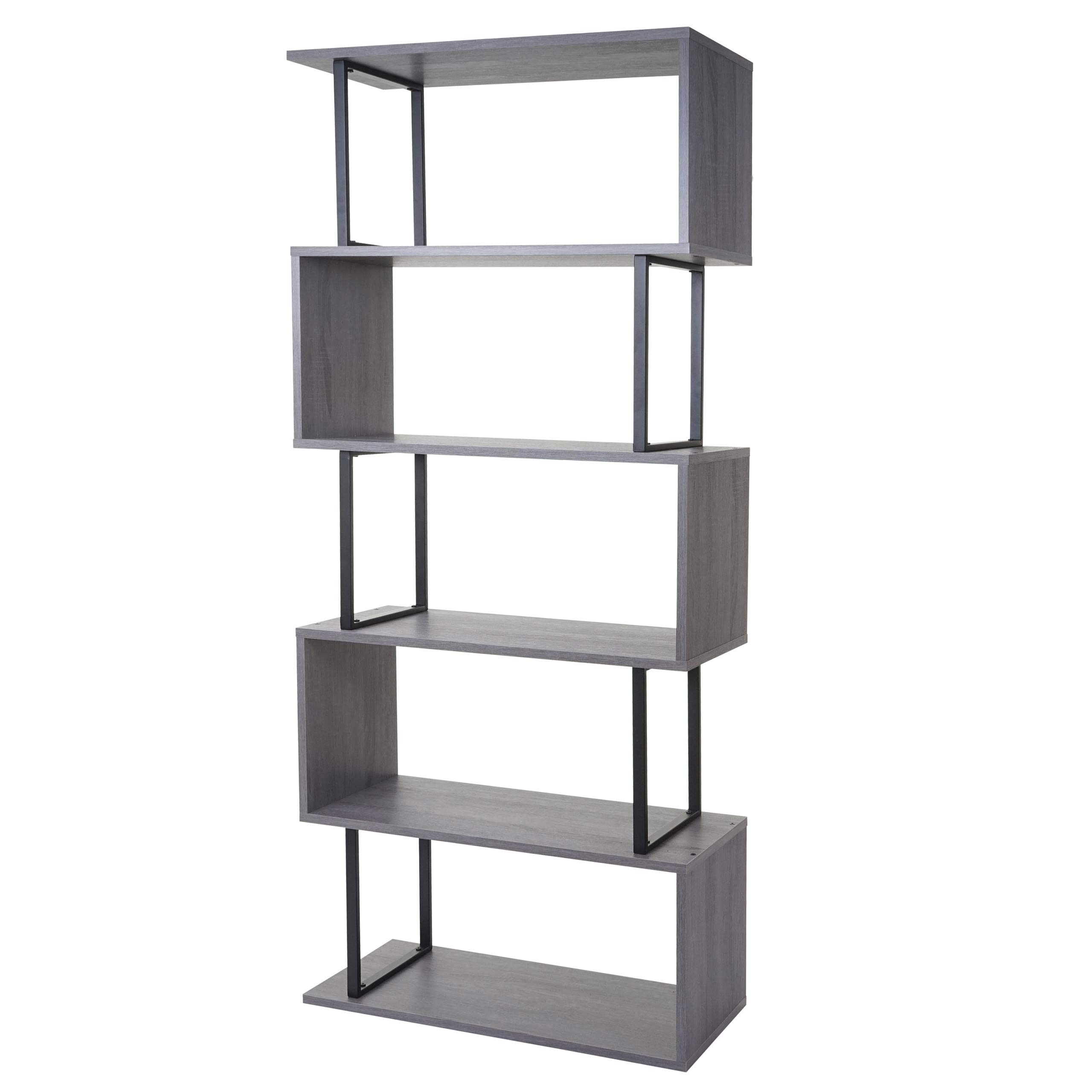 Libreria scaffale 3D MDF HWC-A27 5 Ripiani 30x80x183cm Legno Metallo Grigio