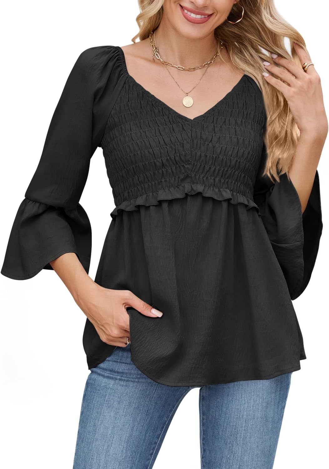 Womens Ruffle 3/4 Sleeve Babydoll Tops V Neck Peplum Blouse Smocked Loose Fit Tunic Top Bell Sleeve Dressy Tee Shirts