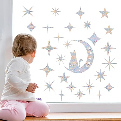 Miniatura 5 de Shawula Cat Moon y 54 piezas de calcomanías de ventana de estrella  Calcomanías anticolisión para ventana para salvar a los pájaros de colisiones de
